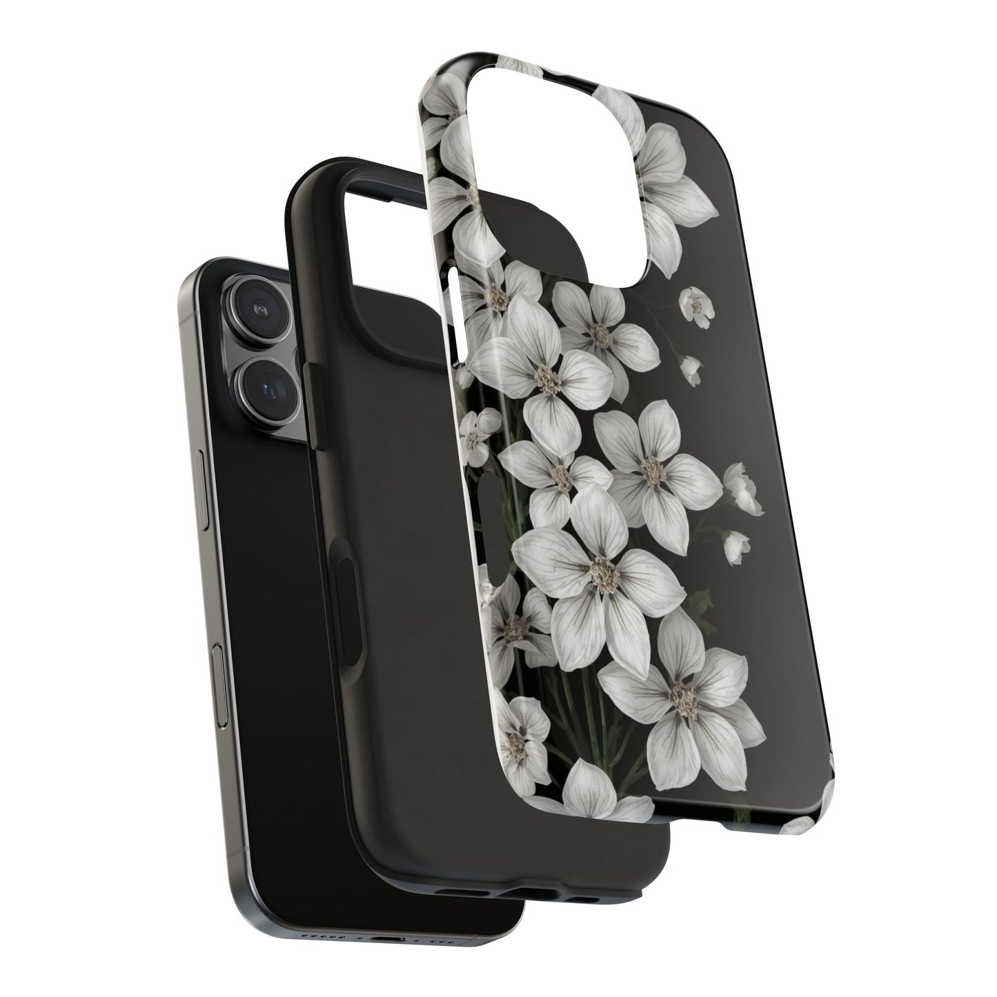 Floral Tough Phone Case - Pure Elegant White Petals on Black Background - for iPhone