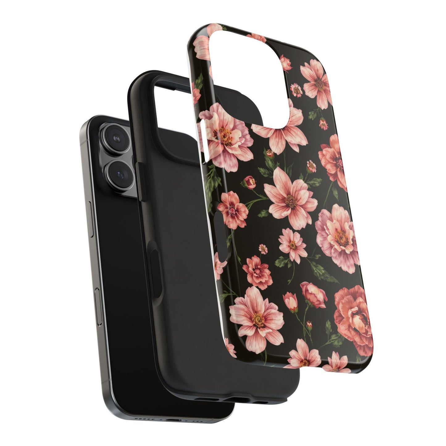 Floral Tough Phone Case - Durable Protection with Elegant Pink Flowers on Black Design - for iPhone