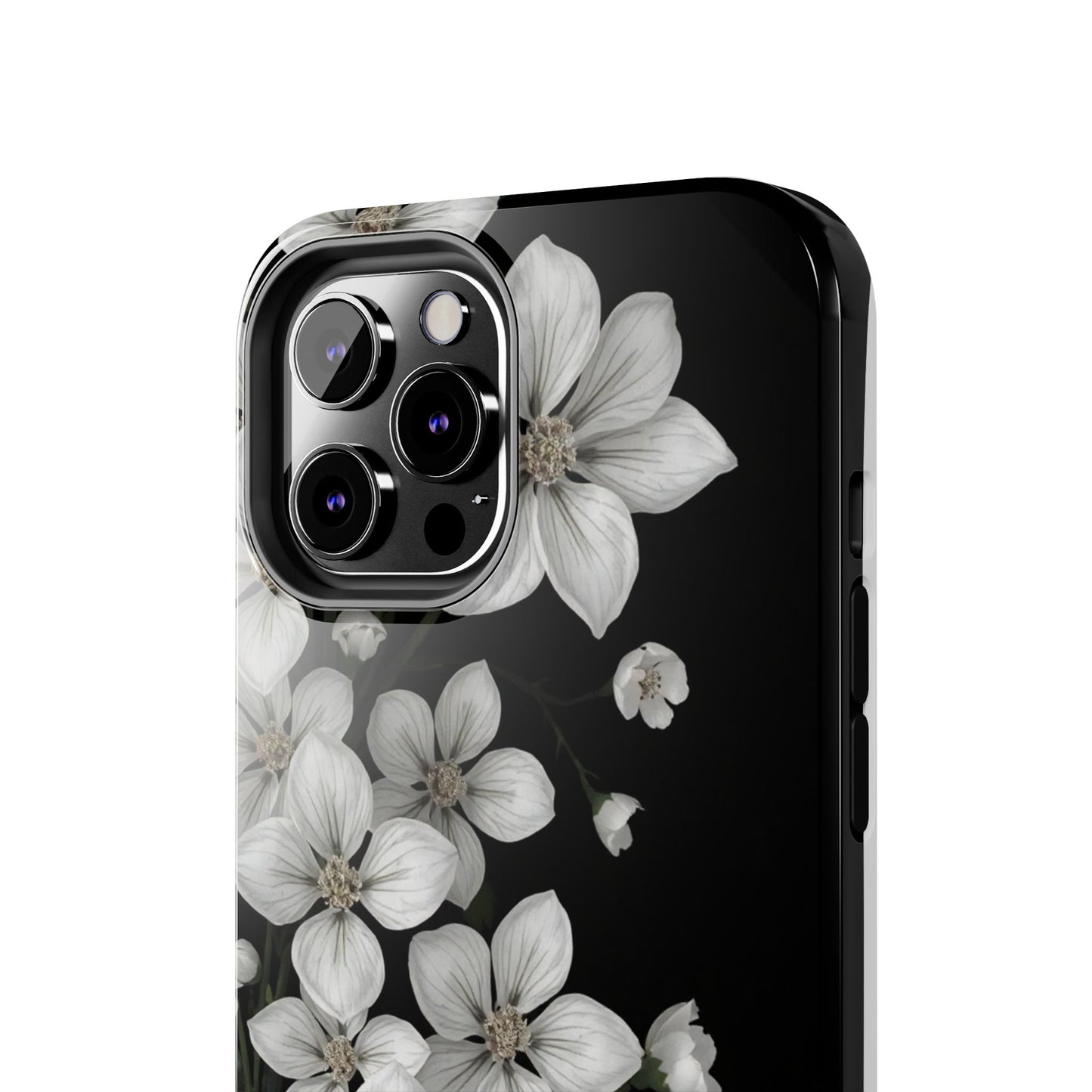 Floral Tough Phone Case - Pure Elegant White Petals on Black Background - for iPhone