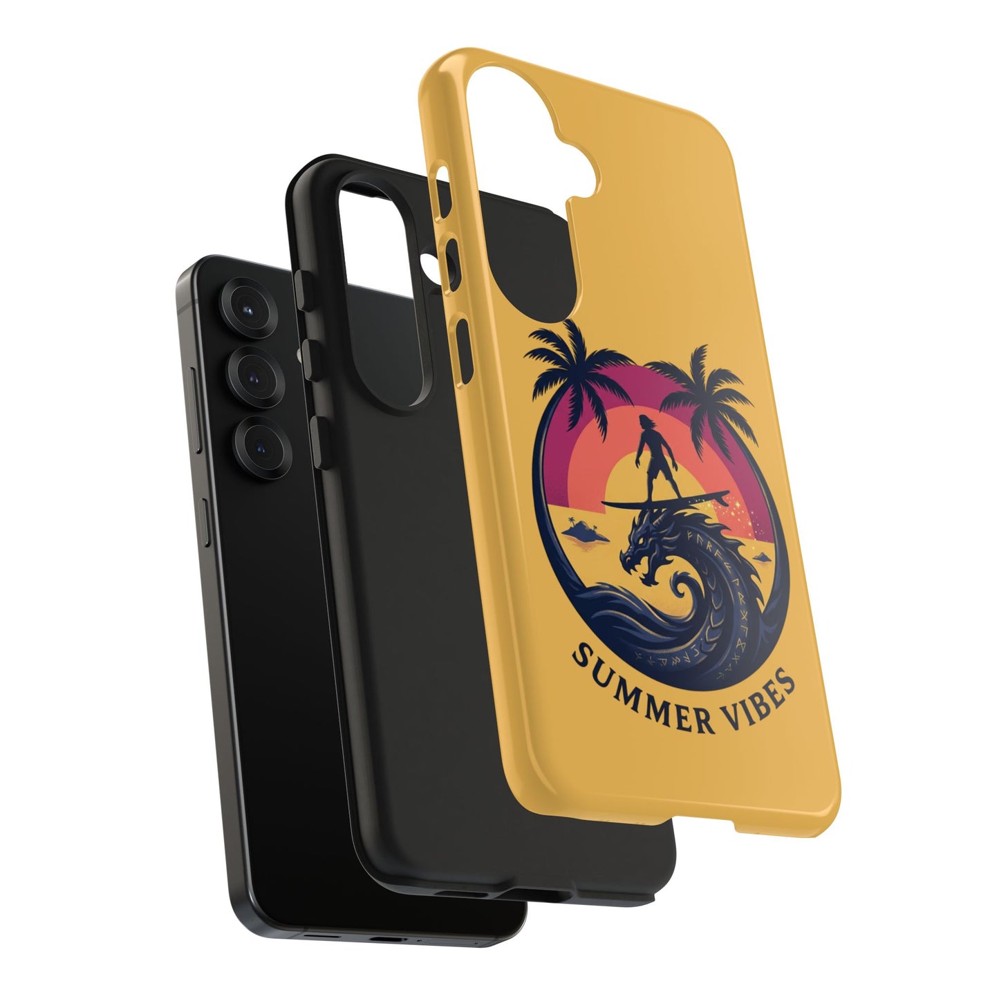 Surfing Dragon Phone Case — Silhouette Surfer with Palms & “Summer Vibes”