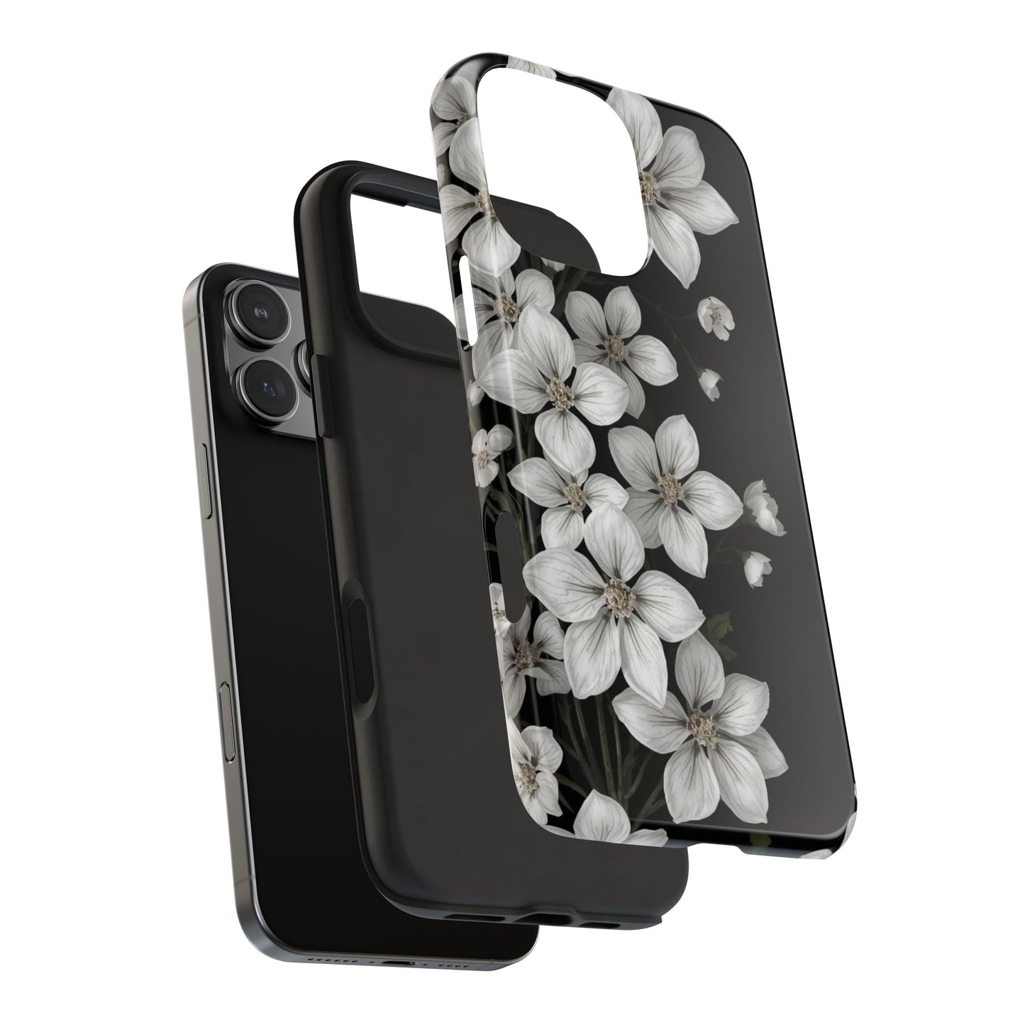 Floral Tough Phone Case - Pure Elegant White Petals on Black Background - for iPhone