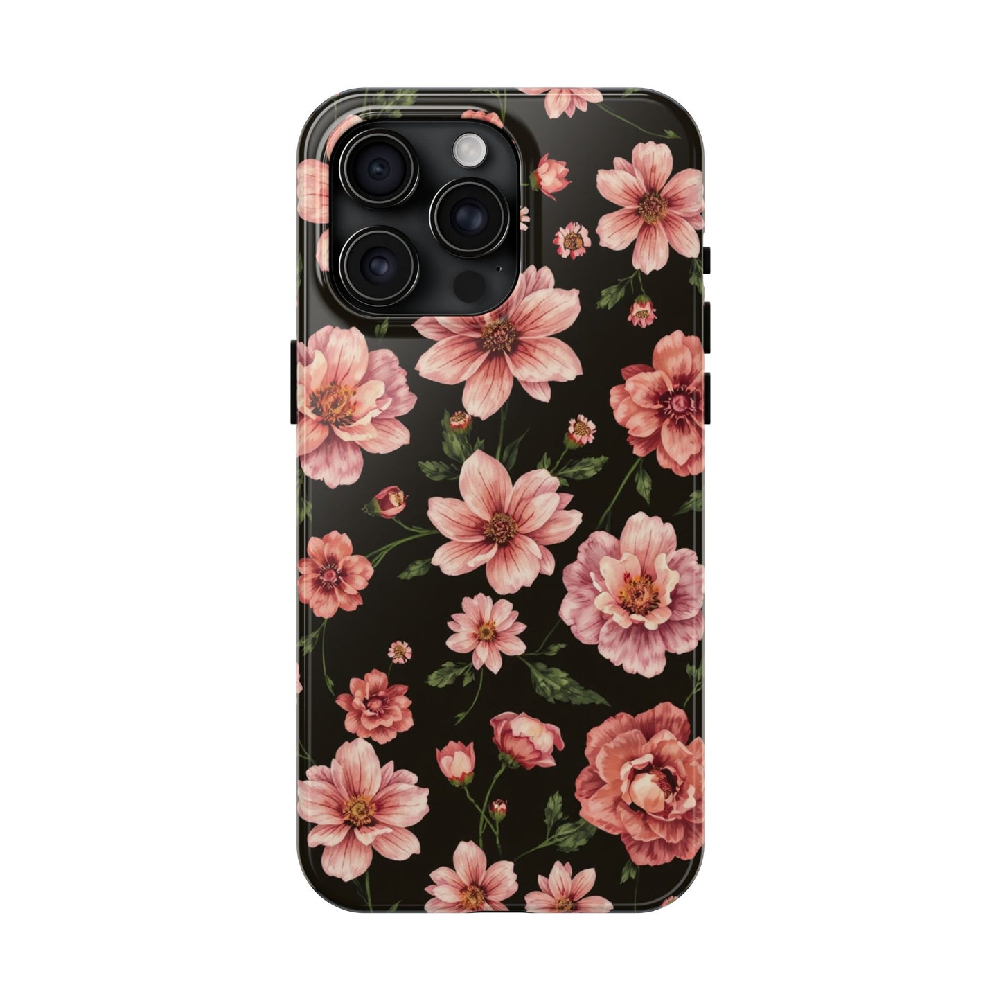 Floral Tough Phone Case - Durable Protection with Elegant Pink Flowers on Black Design - for iPhone
