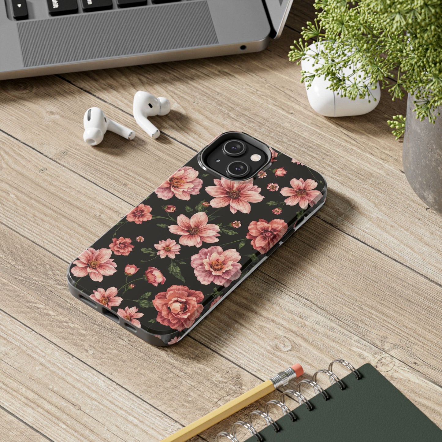 Floral Tough Phone Case - Durable Protection with Elegant Pink Flowers on Black Design - for iPhone