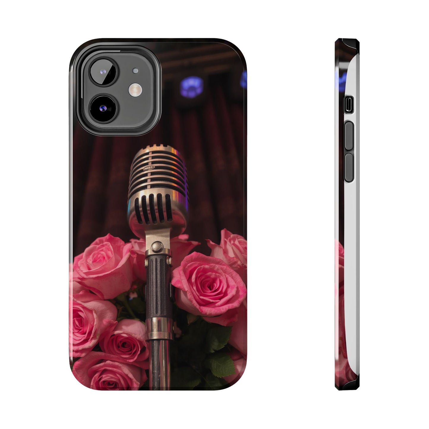 Stylish Tough Phone Case with Vintage Microphone and Roses