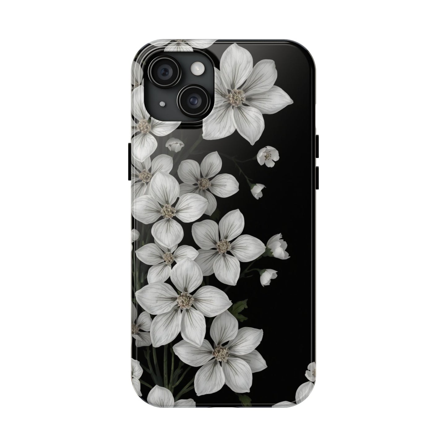 Floral Tough Phone Case - Pure Elegant White Petals on Black Background - for iPhone