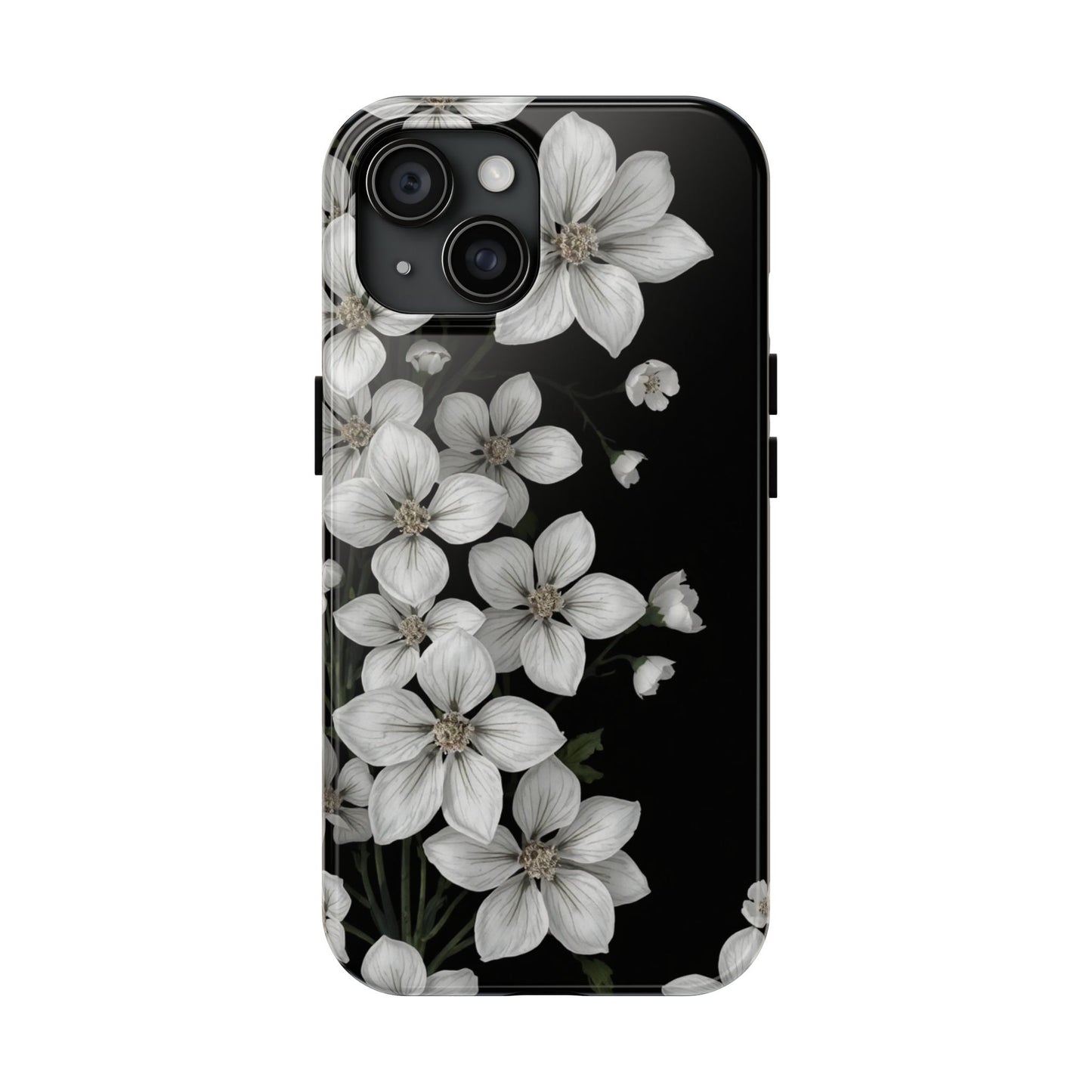 Floral Tough Phone Case - Pure Elegant White Petals on Black Background - for iPhone