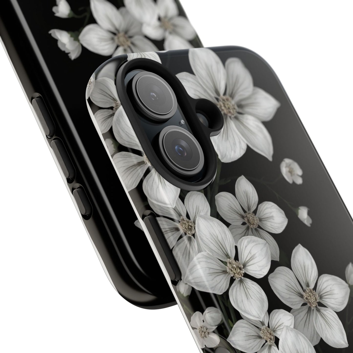 Floral Tough Phone Case - Pure Elegant White Petals on Black Background - for iPhone