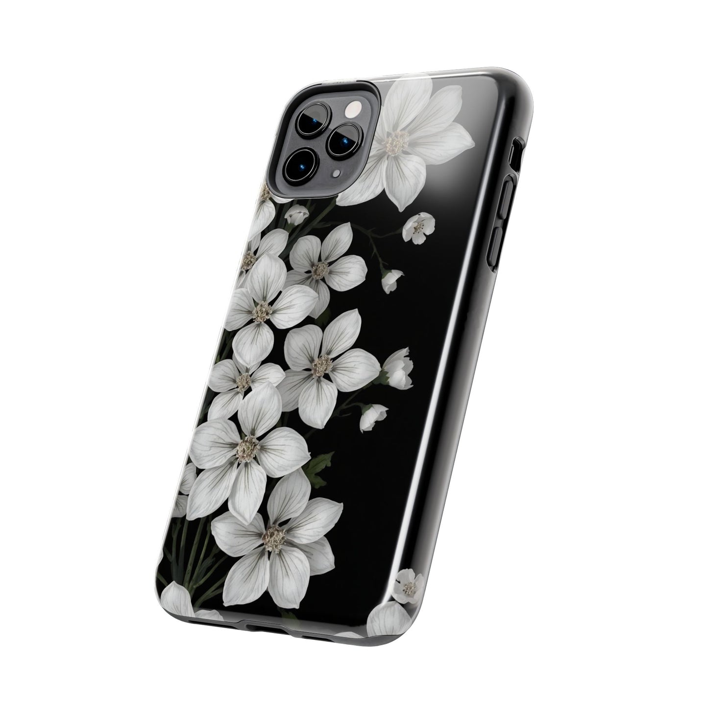 Floral Tough Phone Case - Pure Elegant White Petals on Black Background - for iPhone