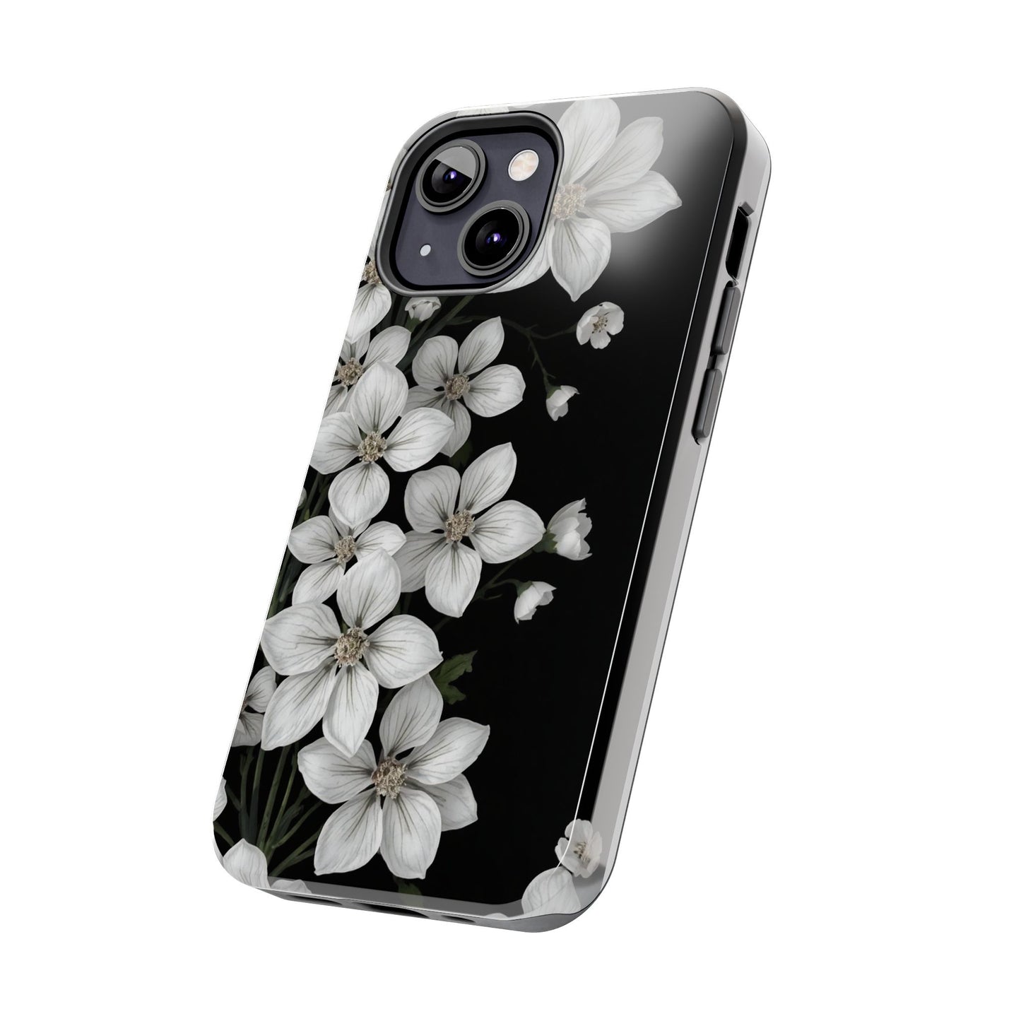 Floral Tough Phone Case - Pure Elegant White Petals on Black Background - for iPhone