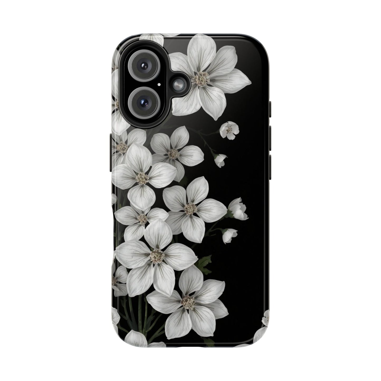 Floral Tough Phone Case - Pure Elegant White Petals on Black Background - for iPhone