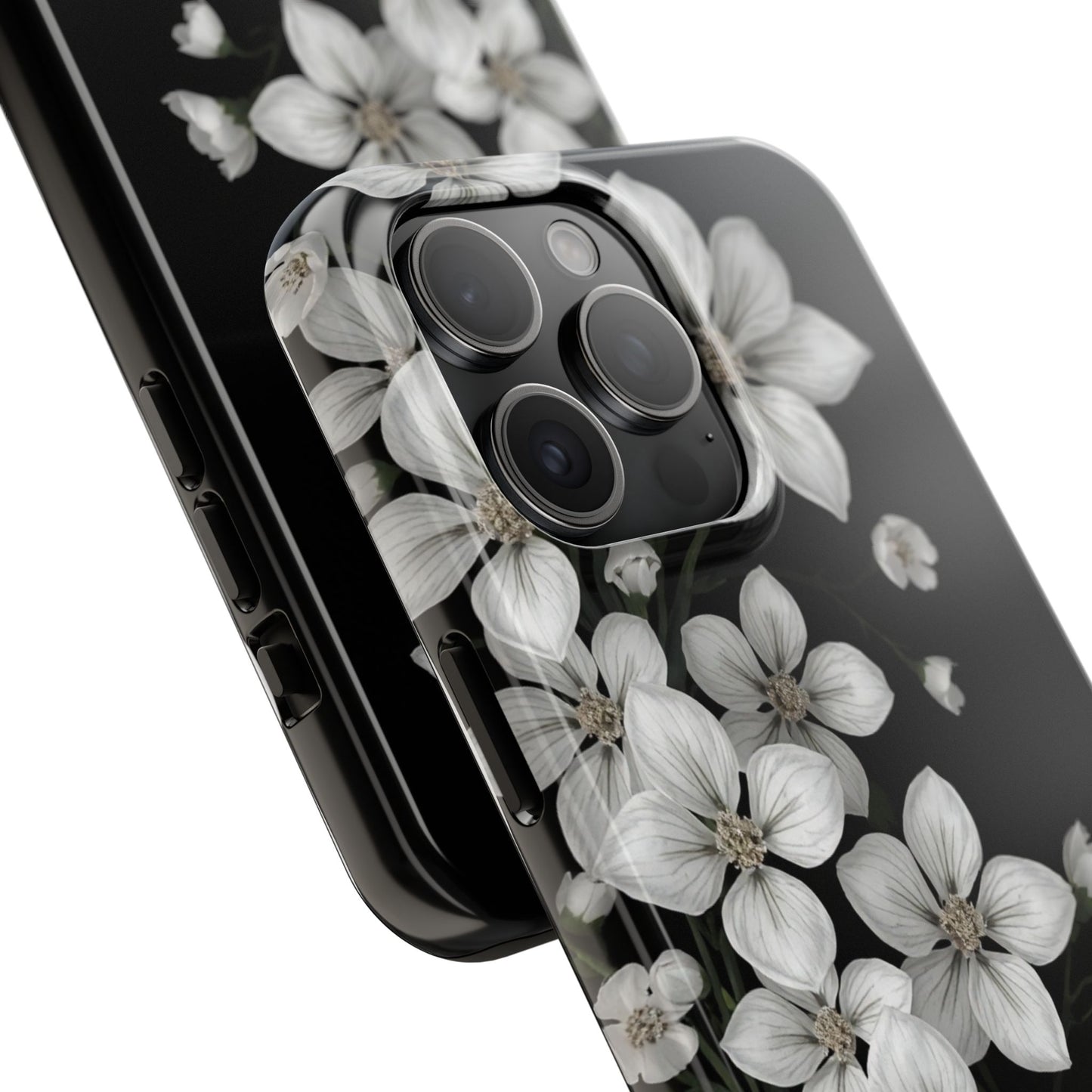 Floral Tough Phone Case - Pure Elegant White Petals on Black Background - for iPhone