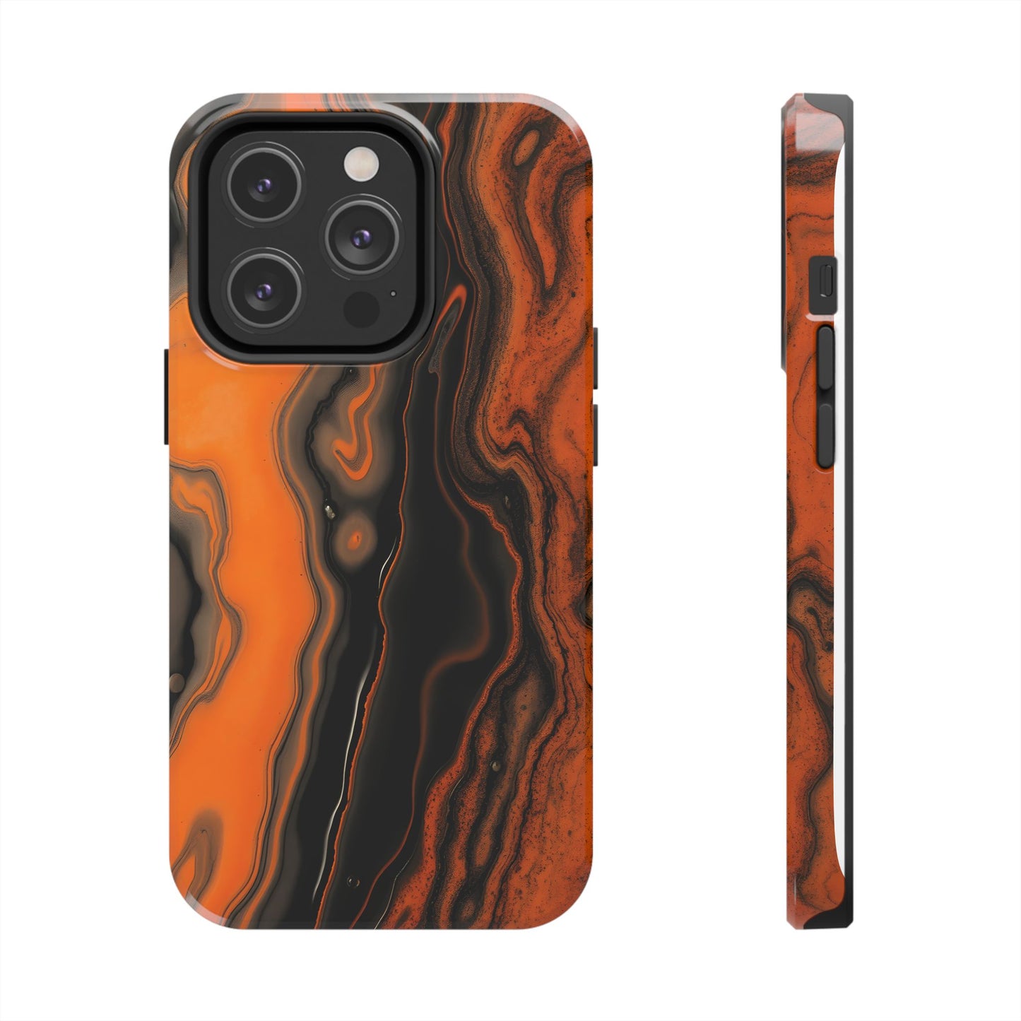 Stylish Tough Phone Case - Bold Black and Orange Metallic Lava Flow Design - for iPhone
