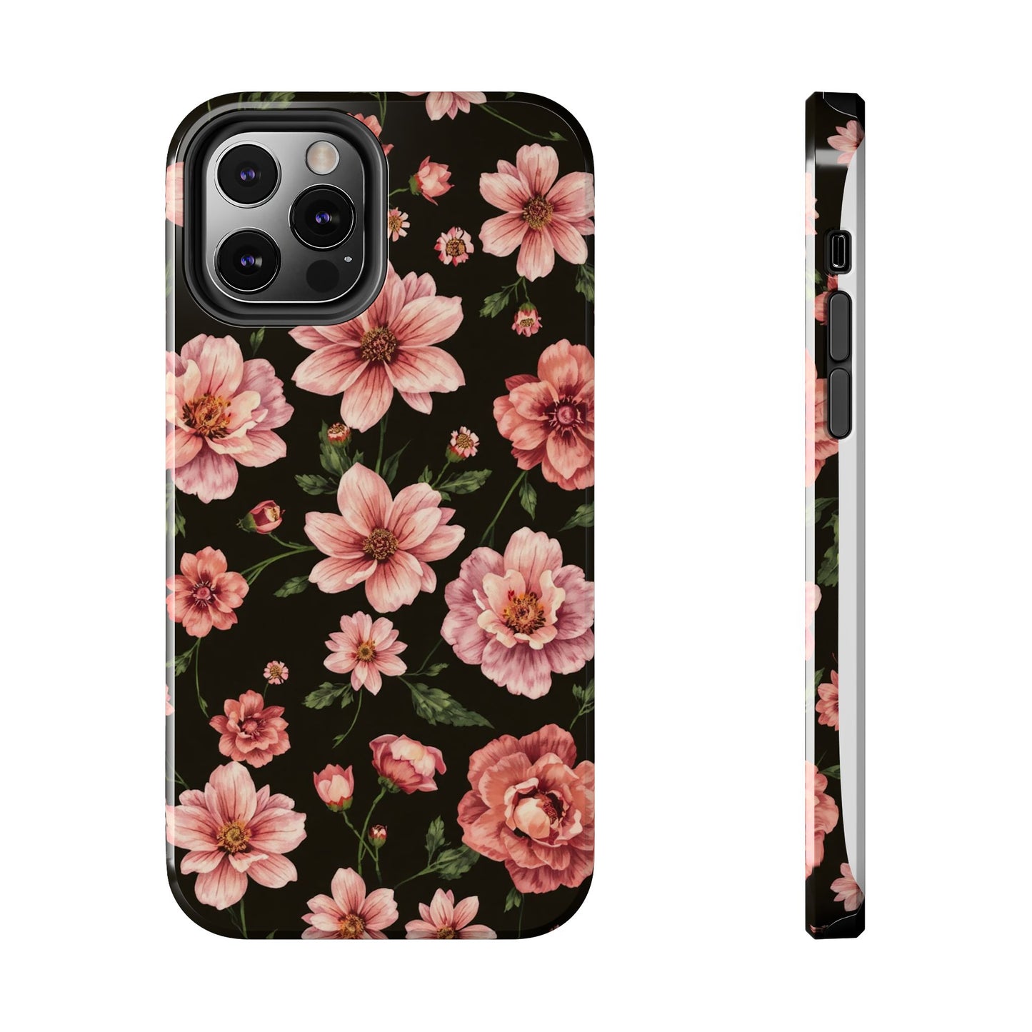 Floral Tough Phone Case - Durable Protection with Elegant Pink Flowers on Black Design - for iPhone