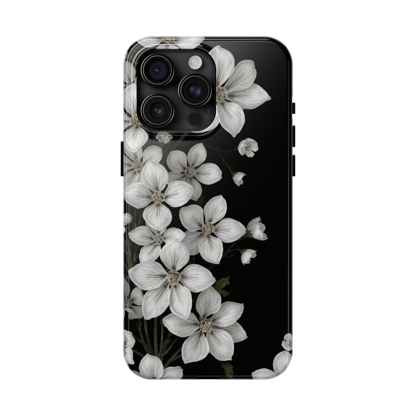 Floral Tough Phone Case - Pure Elegant White Petals on Black Background - for iPhone