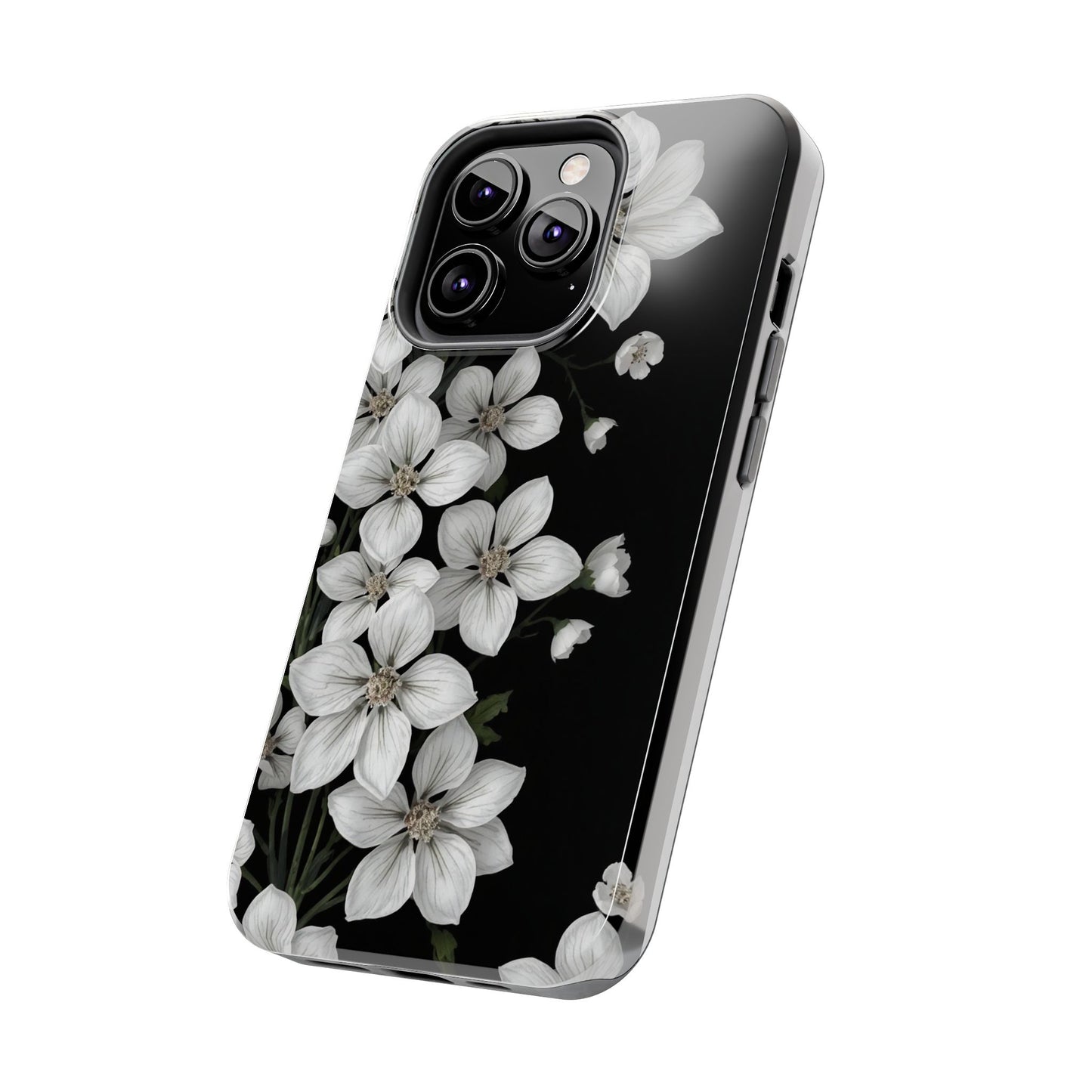 Floral Tough Phone Case - Pure Elegant White Petals on Black Background - for iPhone