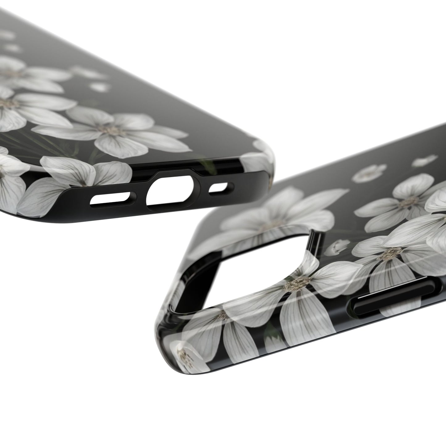 Floral Tough Phone Case - Pure Elegant White Petals on Black Background - for iPhone