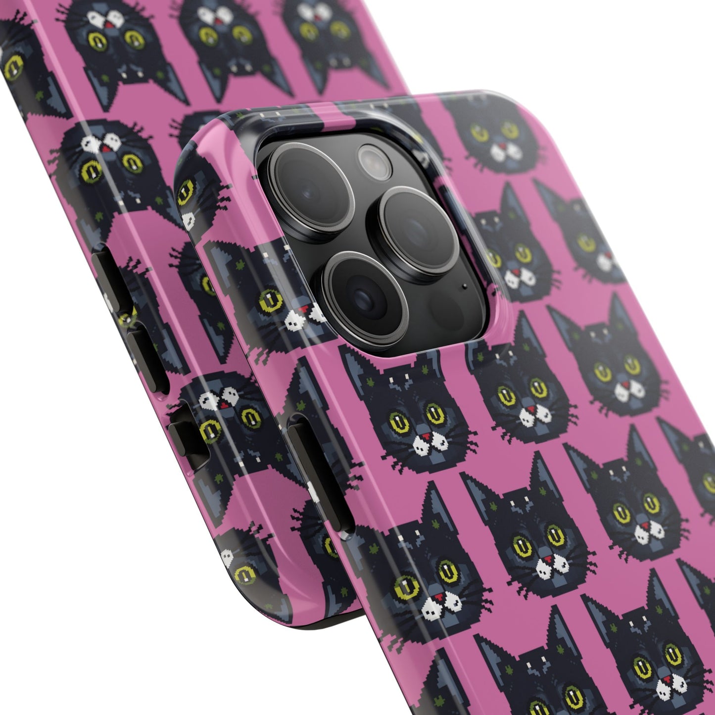 Playful Black Cat on Pink - Tough Phone Case - Pixel Cat Pattern - for iPhone
