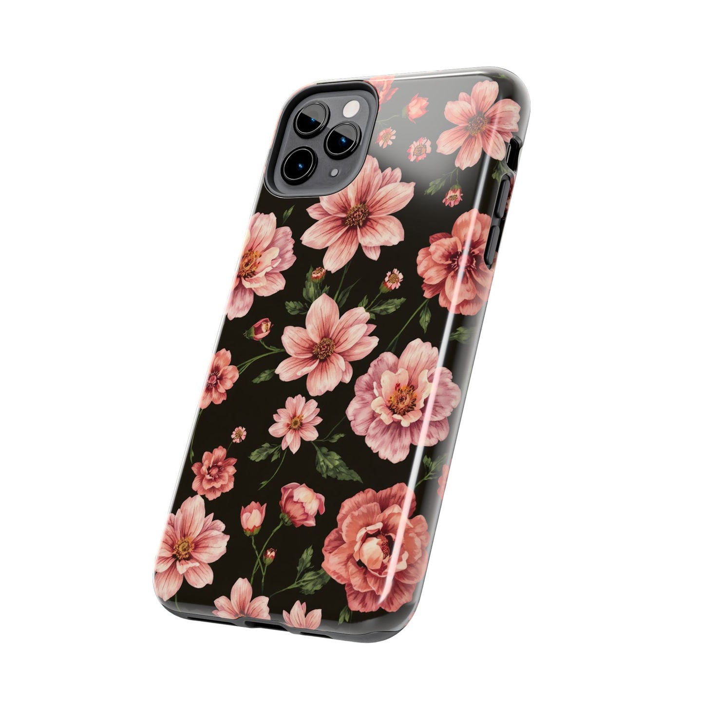 Floral Tough Phone Case - Durable Protection with Elegant Pink Flowers on Black Design - for iPhone