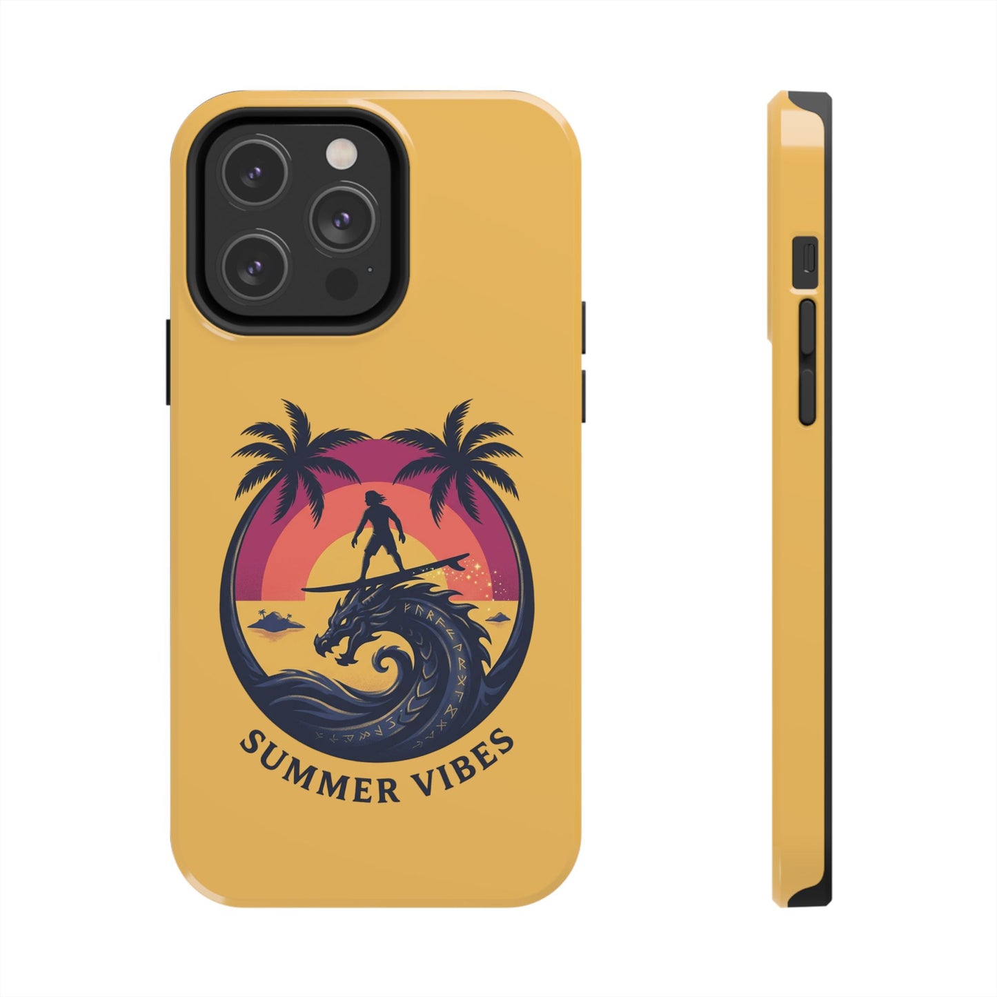 Surfing Dragon Phone Case — Silhouette Surfer with Palms & “Summer Vibes”