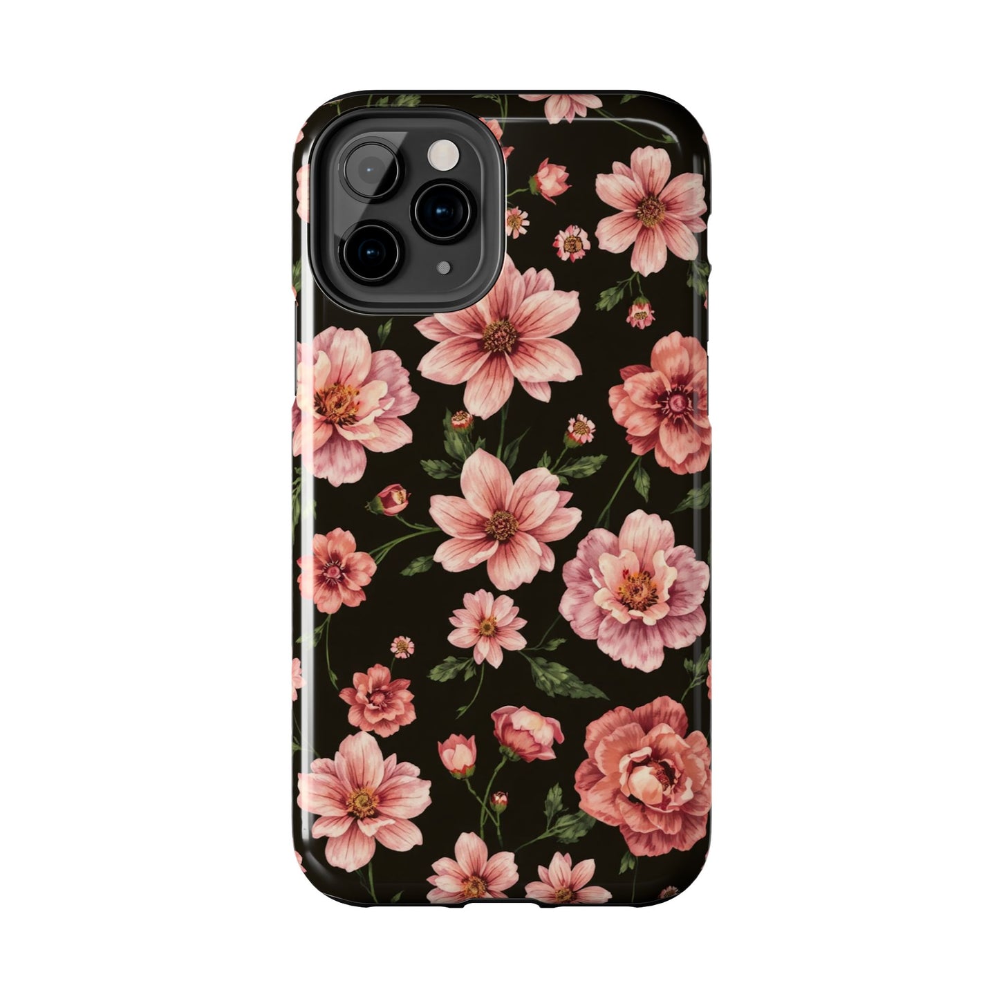 Floral Tough Phone Case - Durable Protection with Elegant Pink Flowers on Black Design - for iPhone