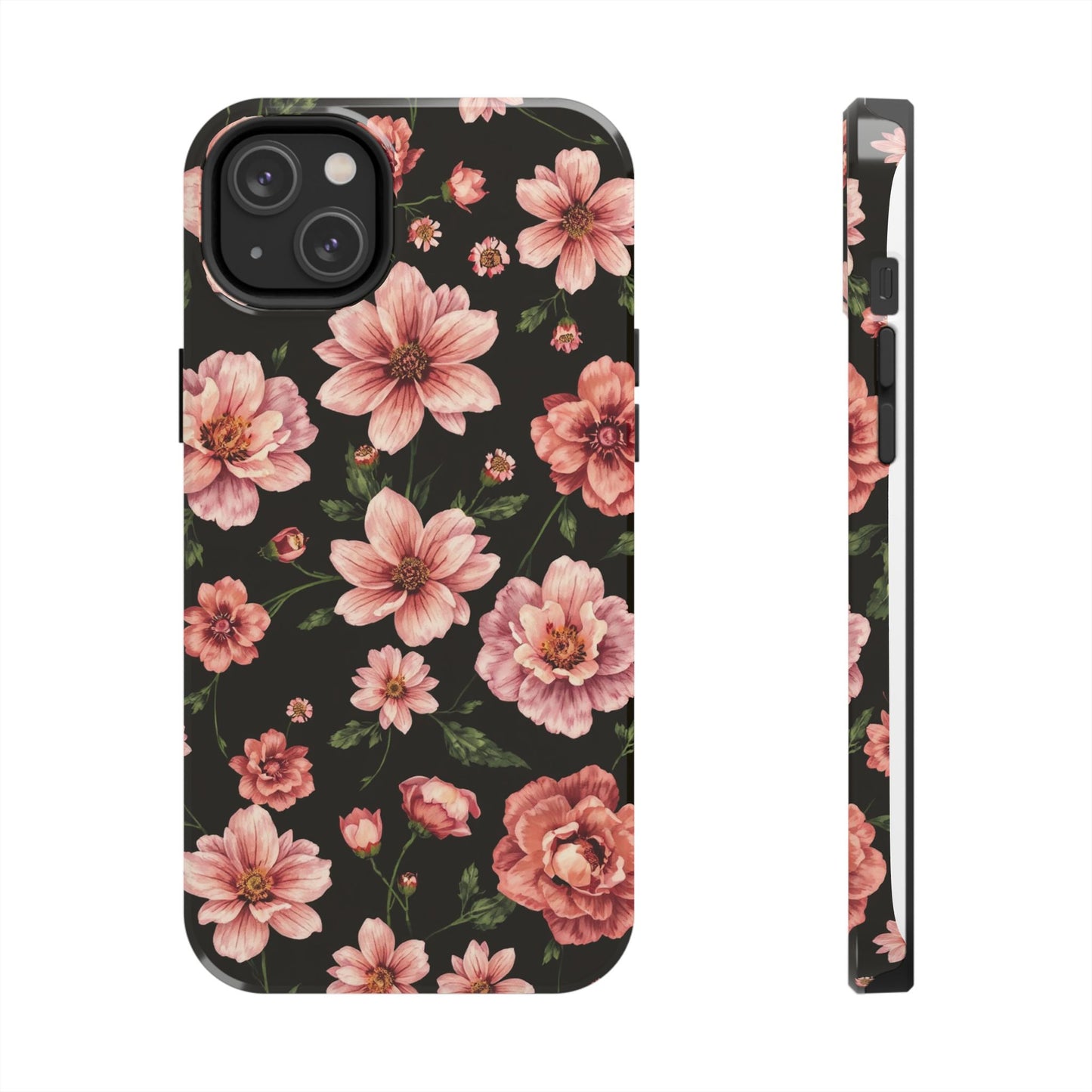 Floral Tough Phone Case - Durable Protection with Elegant Pink Flowers on Black Design - for iPhone