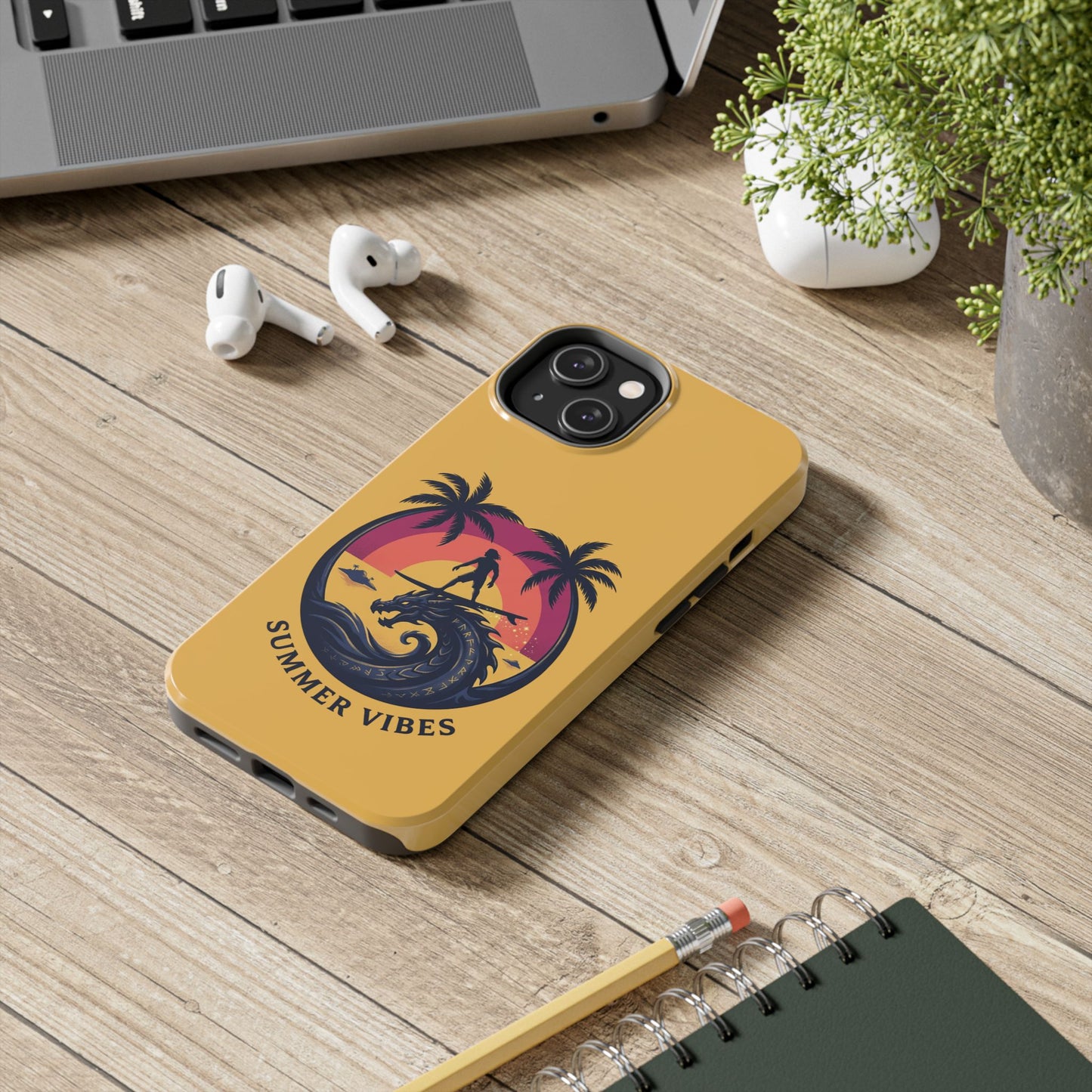 Surfing Dragon Phone Case — Silhouette Surfer with Palms & “Summer Vibes”