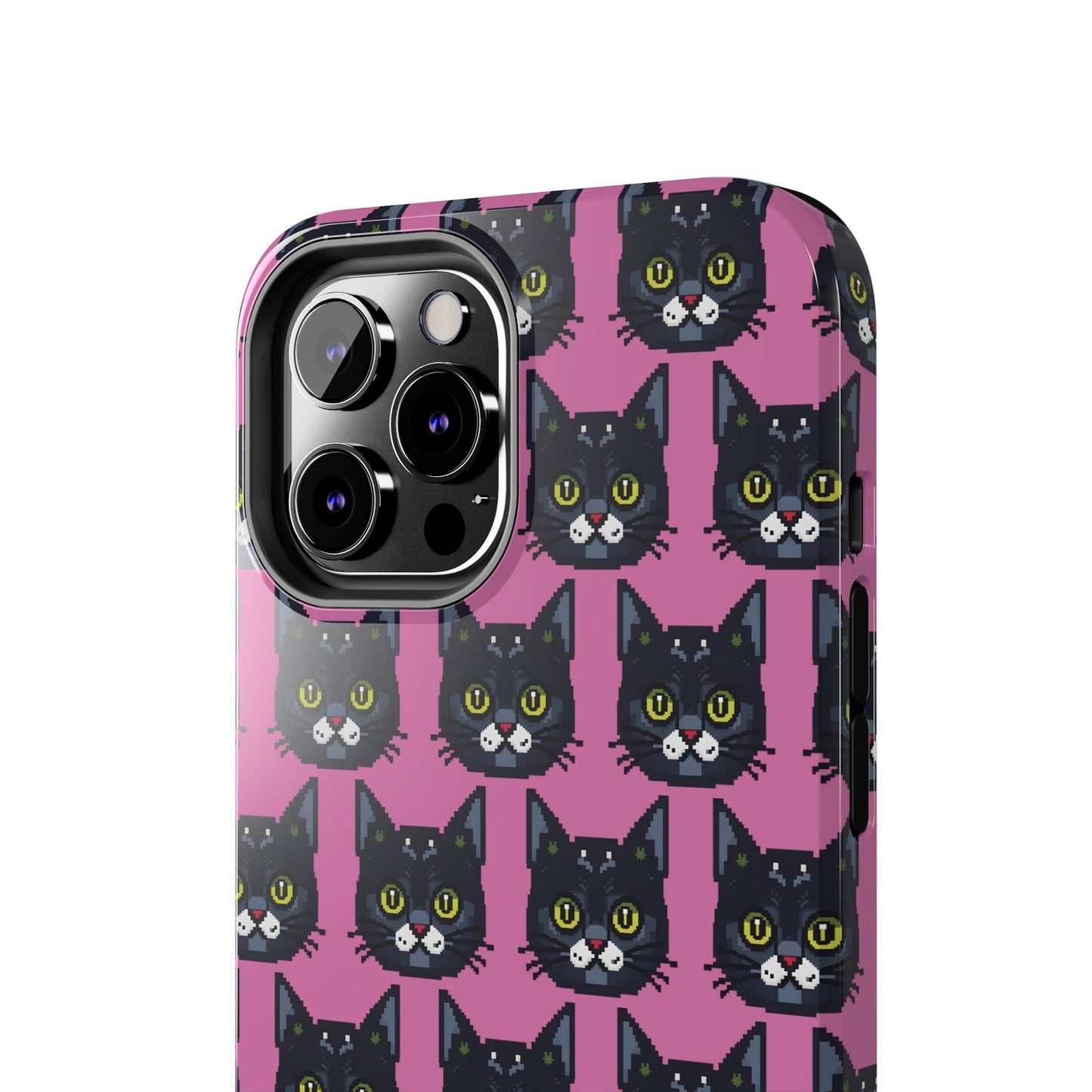 Playful Black Cat on Pink - Tough Phone Case - Pixel Cat Pattern - for iPhone