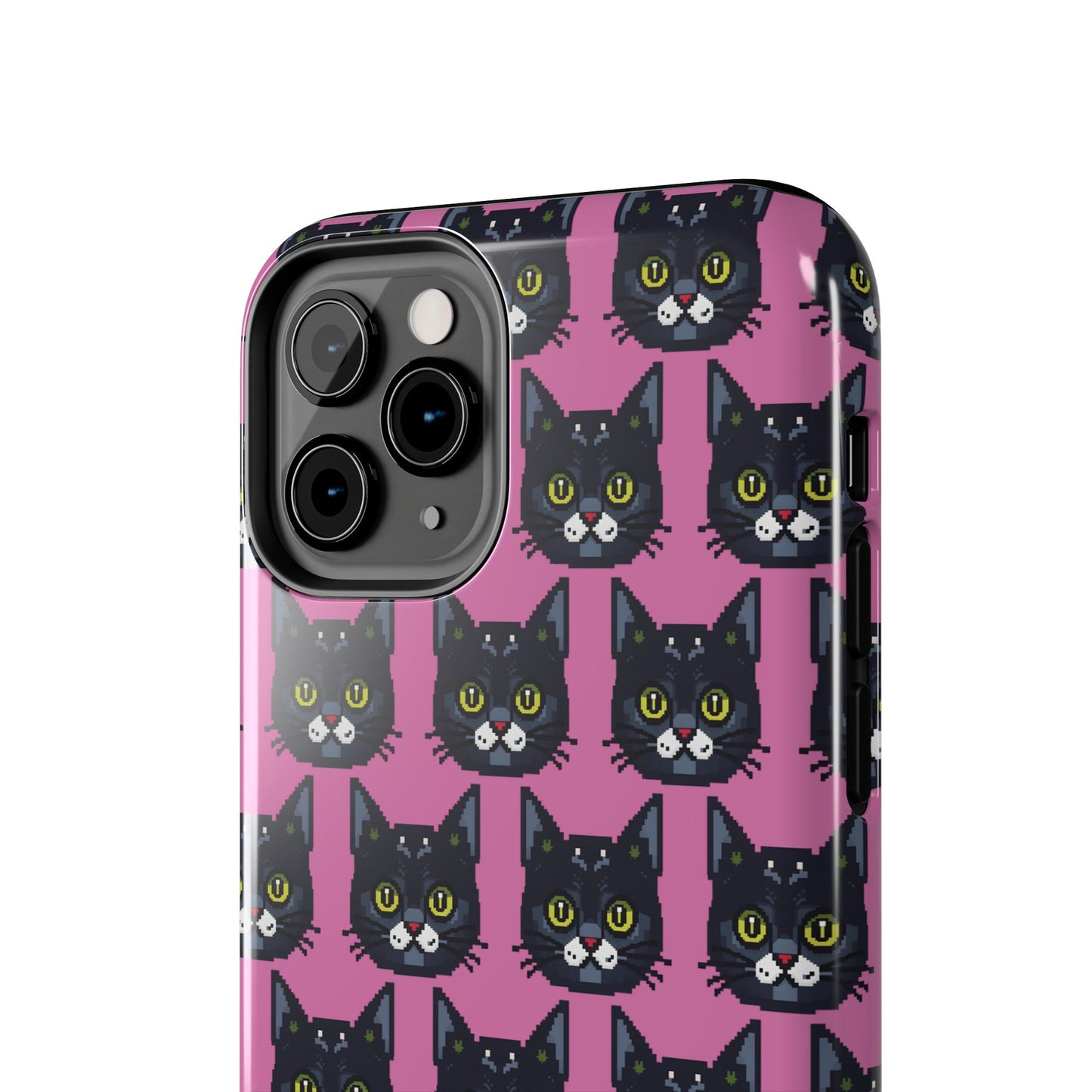 Playful Black Cat on Pink - Tough Phone Case - Pixel Cat Pattern - for iPhone