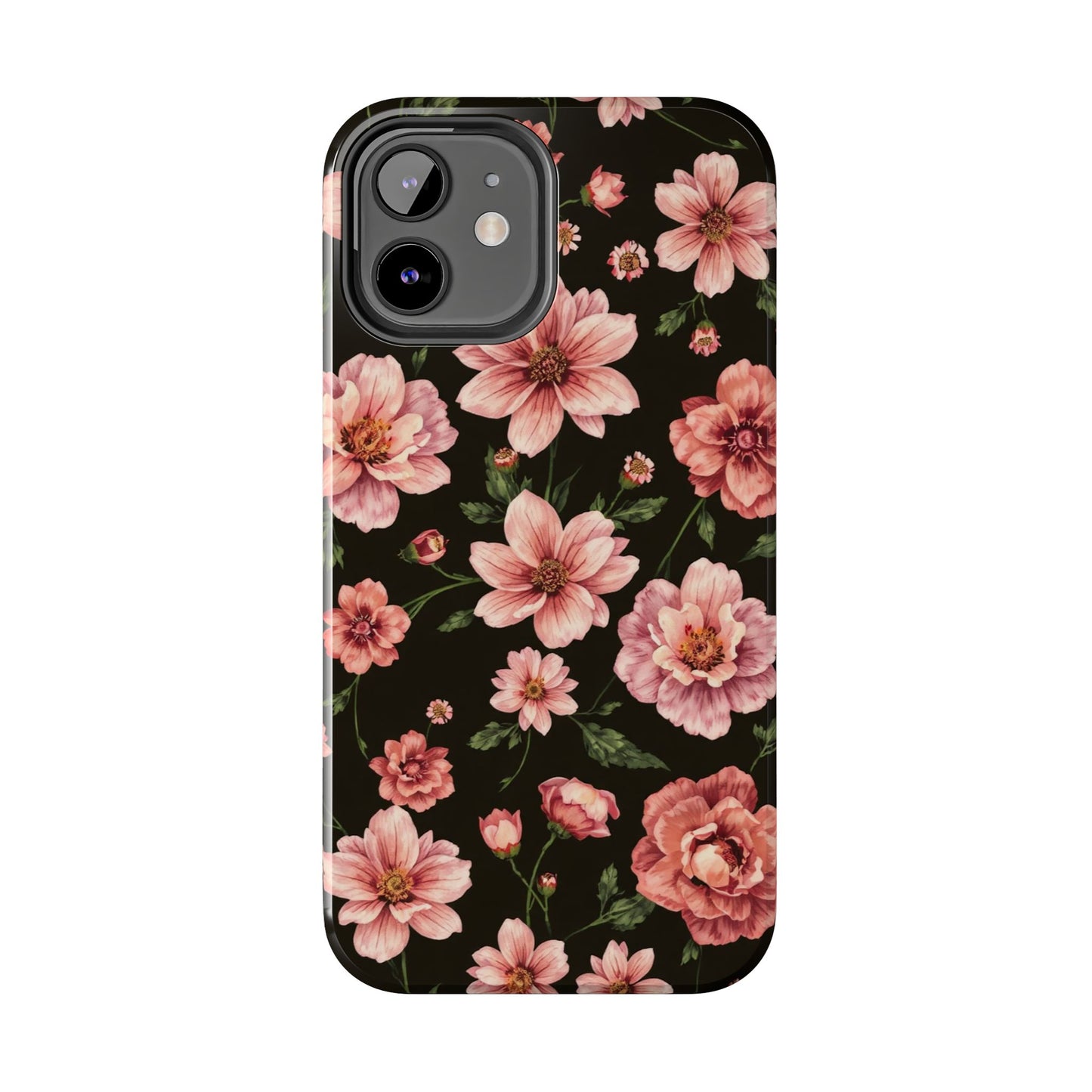 Floral Tough Phone Case - Durable Protection with Elegant Pink Flowers on Black Design - for iPhone