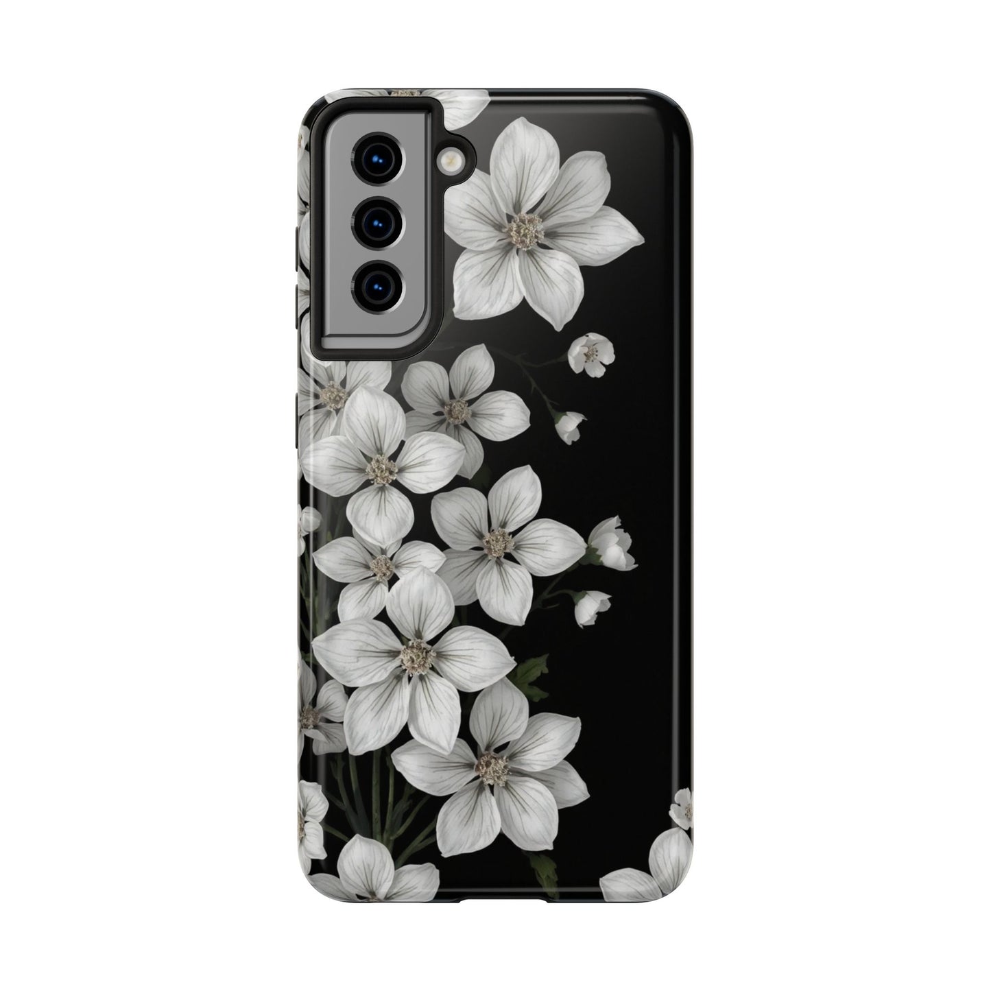 Floral Tough Phone Case - Pure Elegant White Petals on Black Background - for iPhone