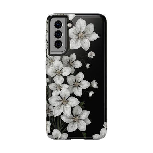 Floral Tough Phone Case - Pure Elegant White Petals on Black Background - for iPhone