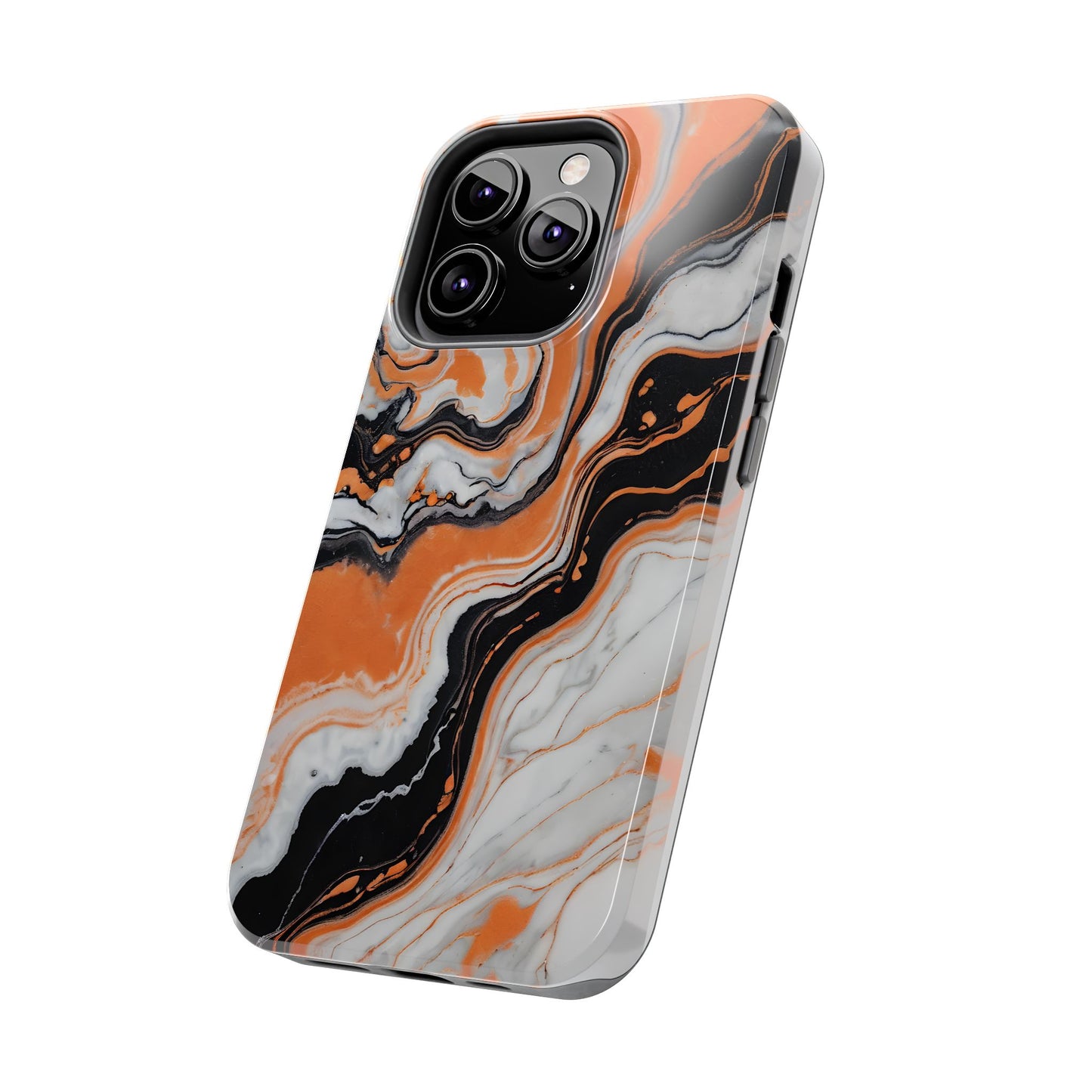 Stylish Tough Phone Case - Elegant Black, White & Orange Marble Design - for iPhone