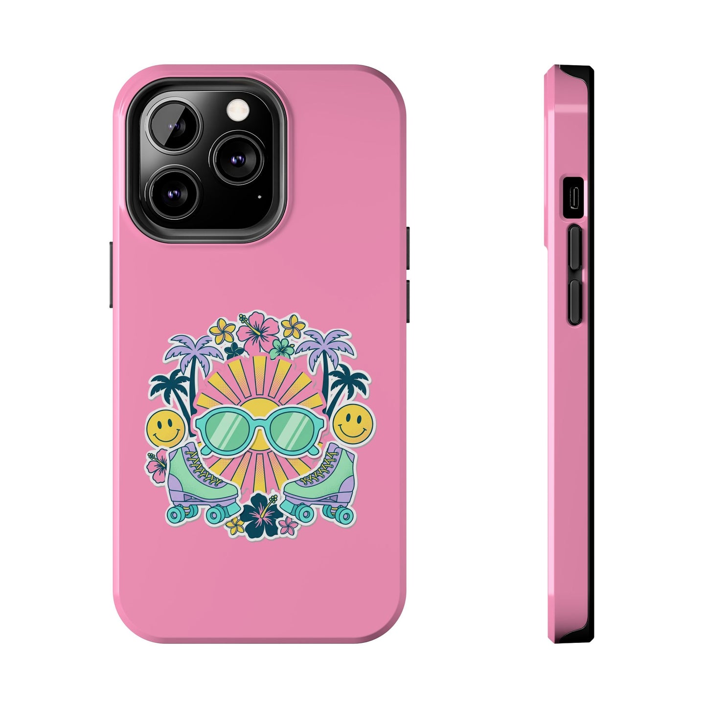 Retro Summer Phone Case — Y2K Palm Trees, Roller Skates & Smiley Collage
