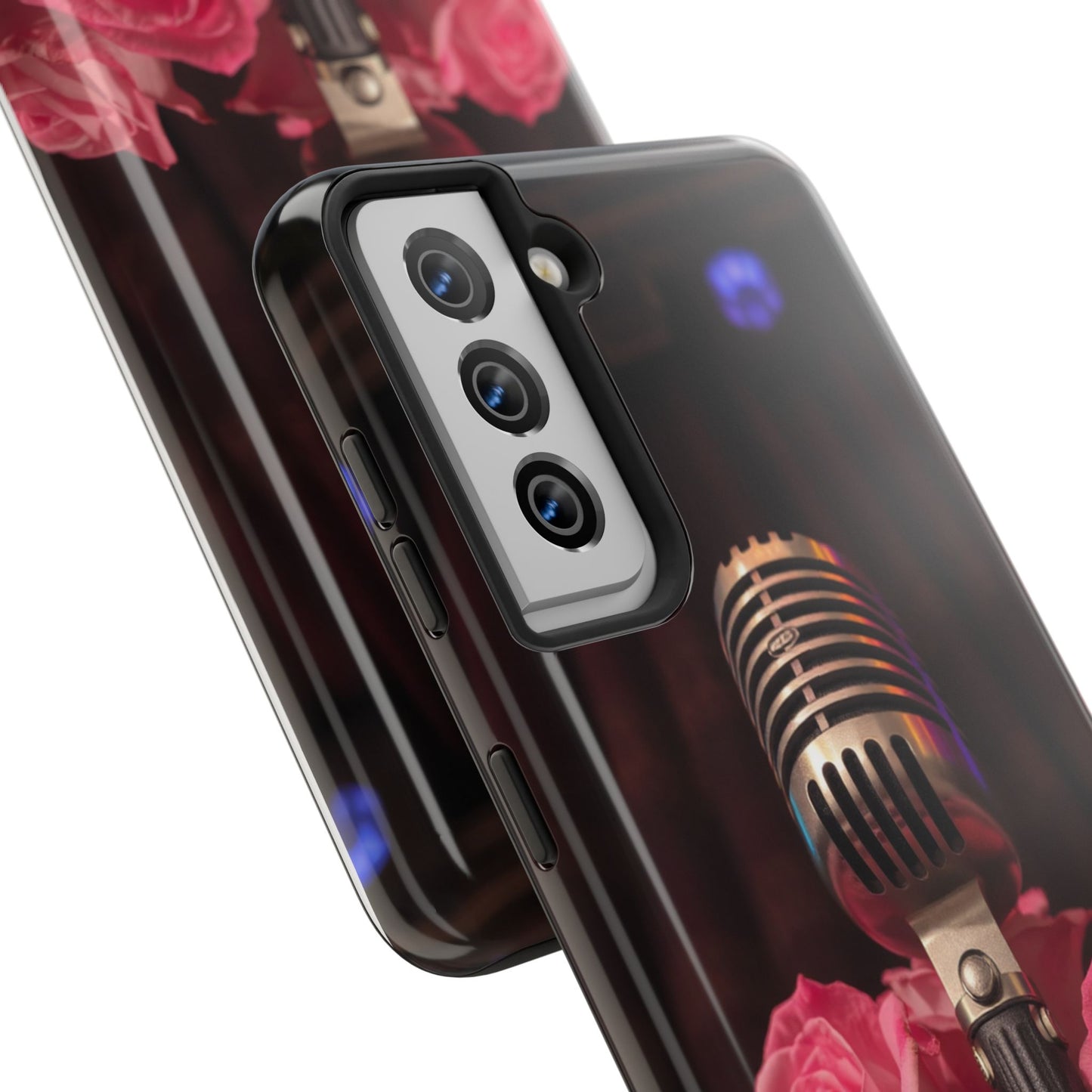 Stylish Tough Phone Case with Vintage Microphone and Roses