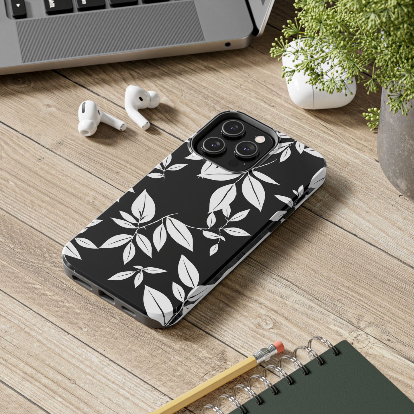 Chic Floral Tough Phone Case - Elegant Black & White Design for Stylish Protection