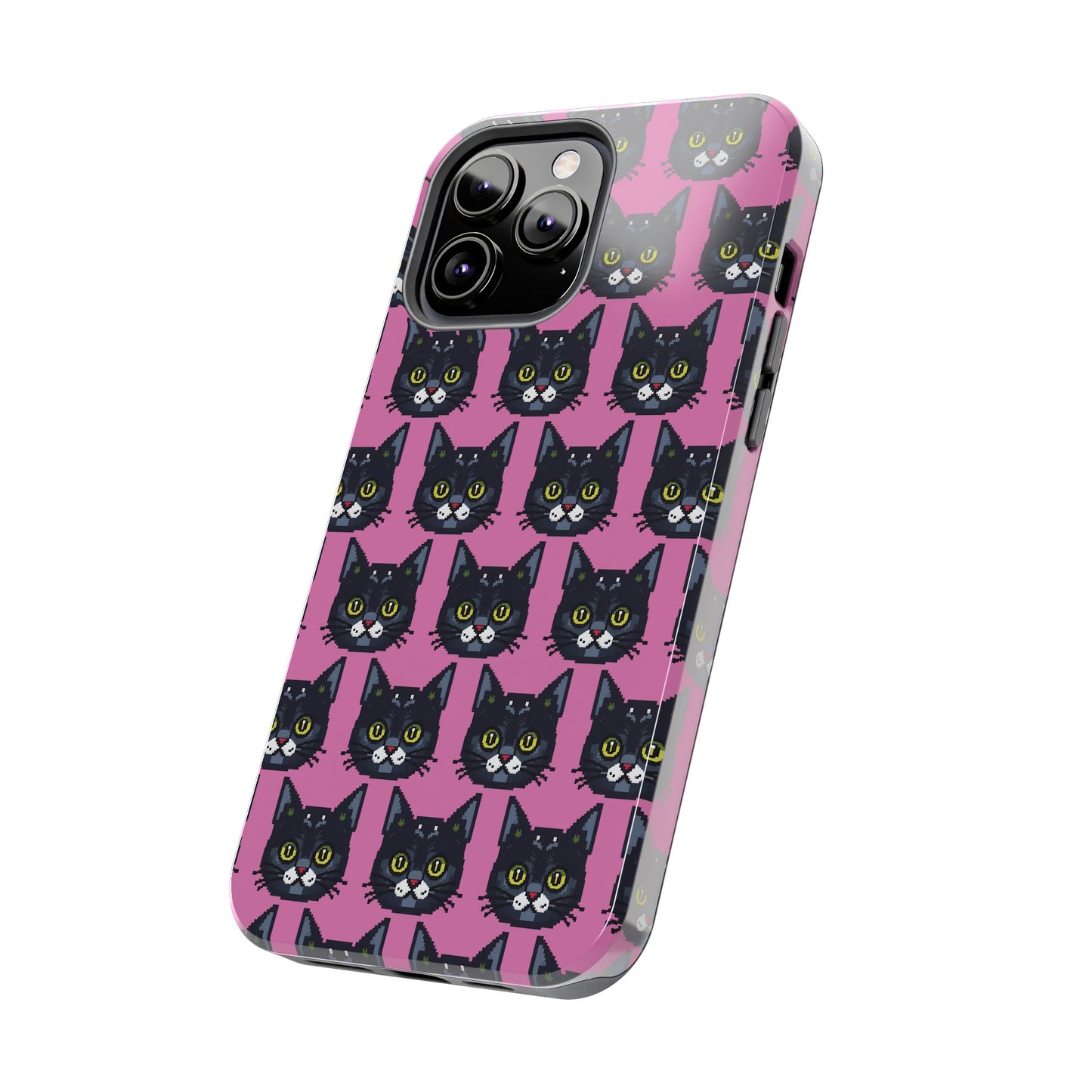 Playful Black Cat on Pink - Tough Phone Case - Pixel Cat Pattern - for iPhone