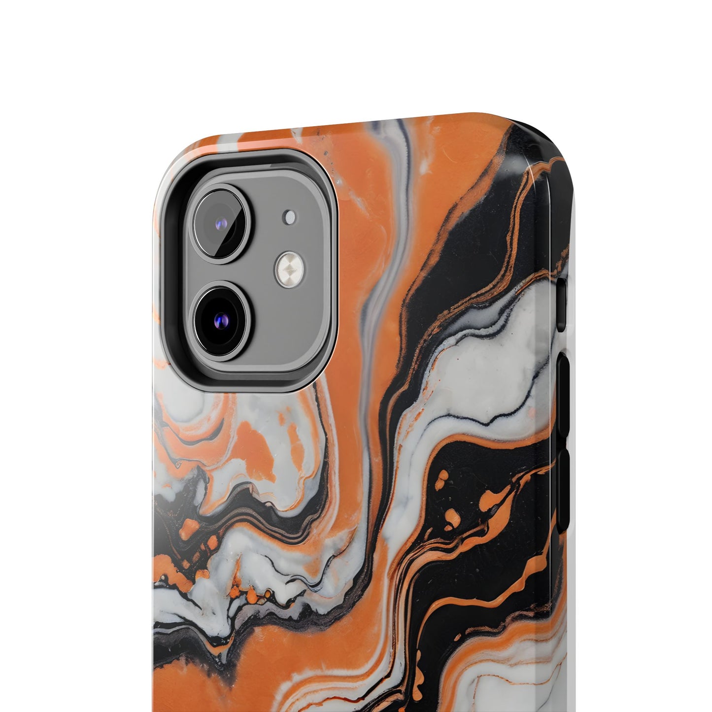 Stylish Tough Phone Case - Elegant Black, White & Orange Marble Design - for iPhone
