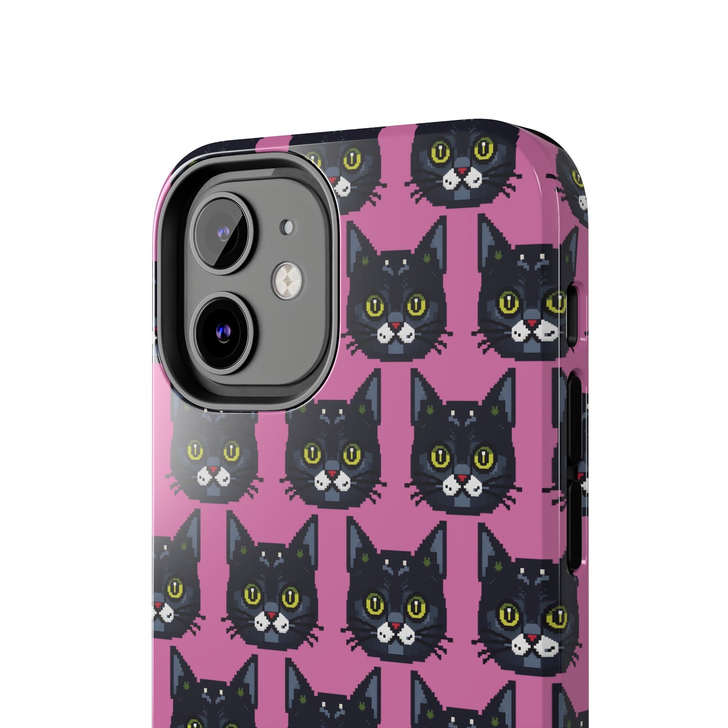 Playful Black Cat on Pink - Tough Phone Case - Pixel Cat Pattern - for iPhone