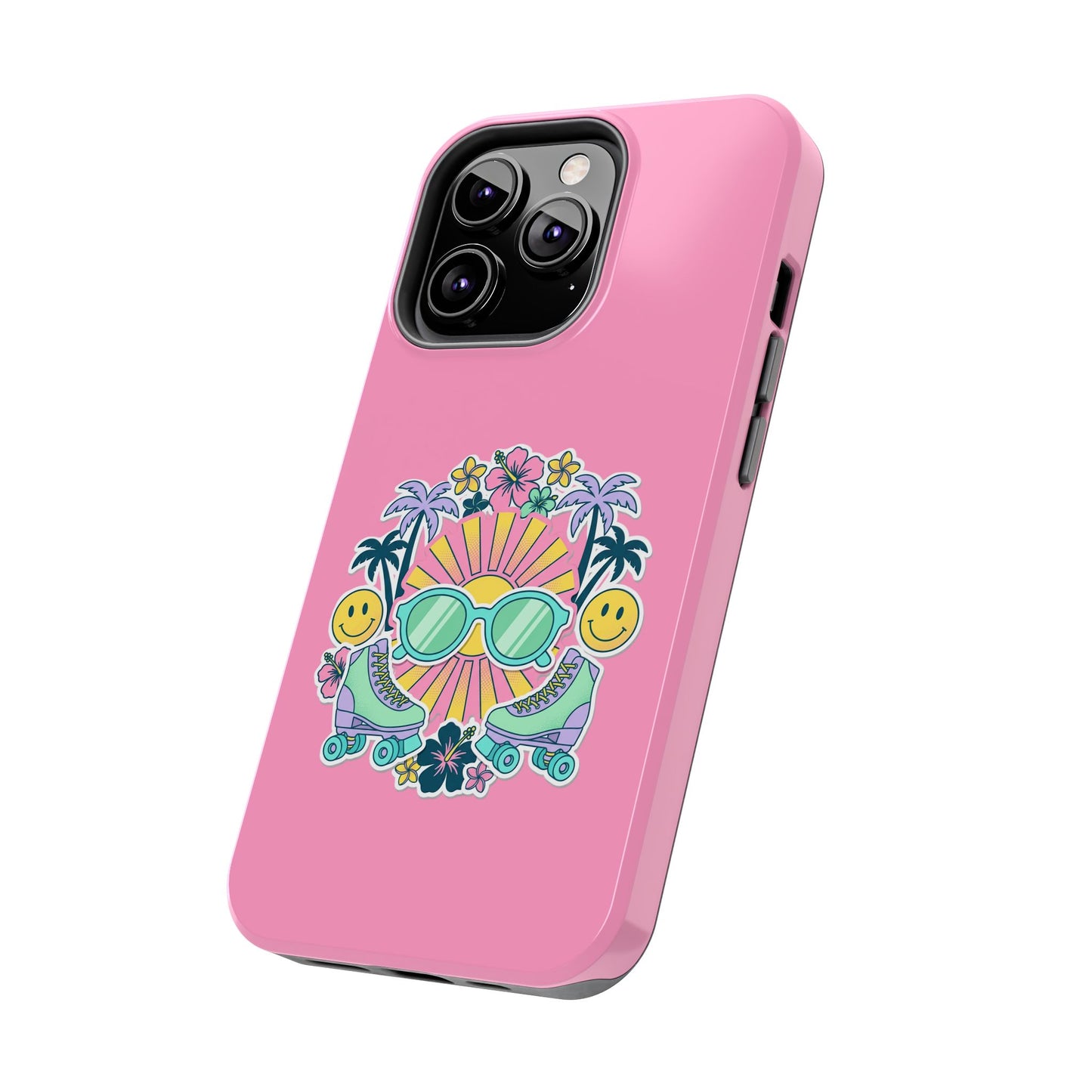 Retro Summer Phone Case — Y2K Palm Trees, Roller Skates & Smiley Collage