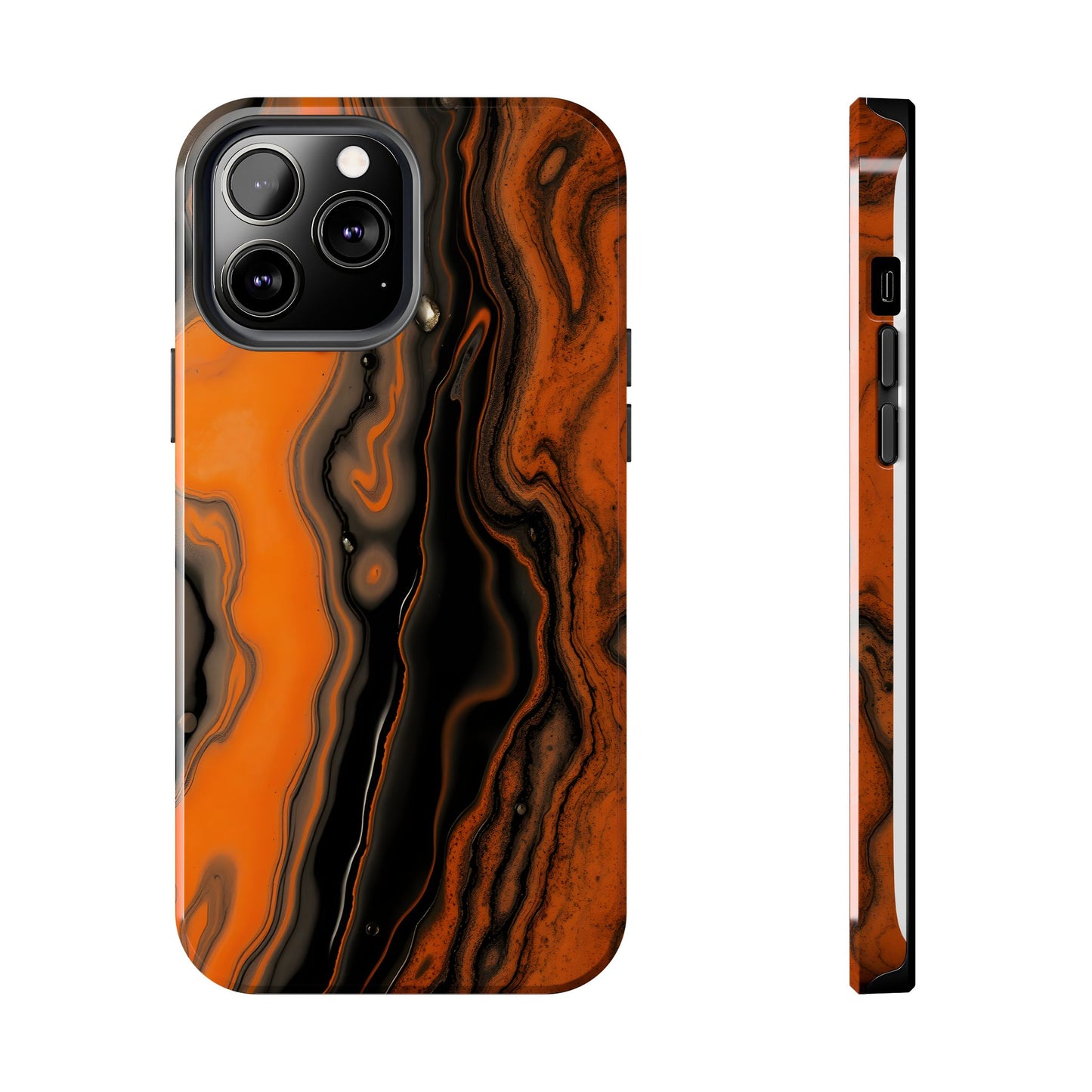Stylish Tough Phone Case - Bold Black and Orange Metallic Lava Flow Design - for iPhone
