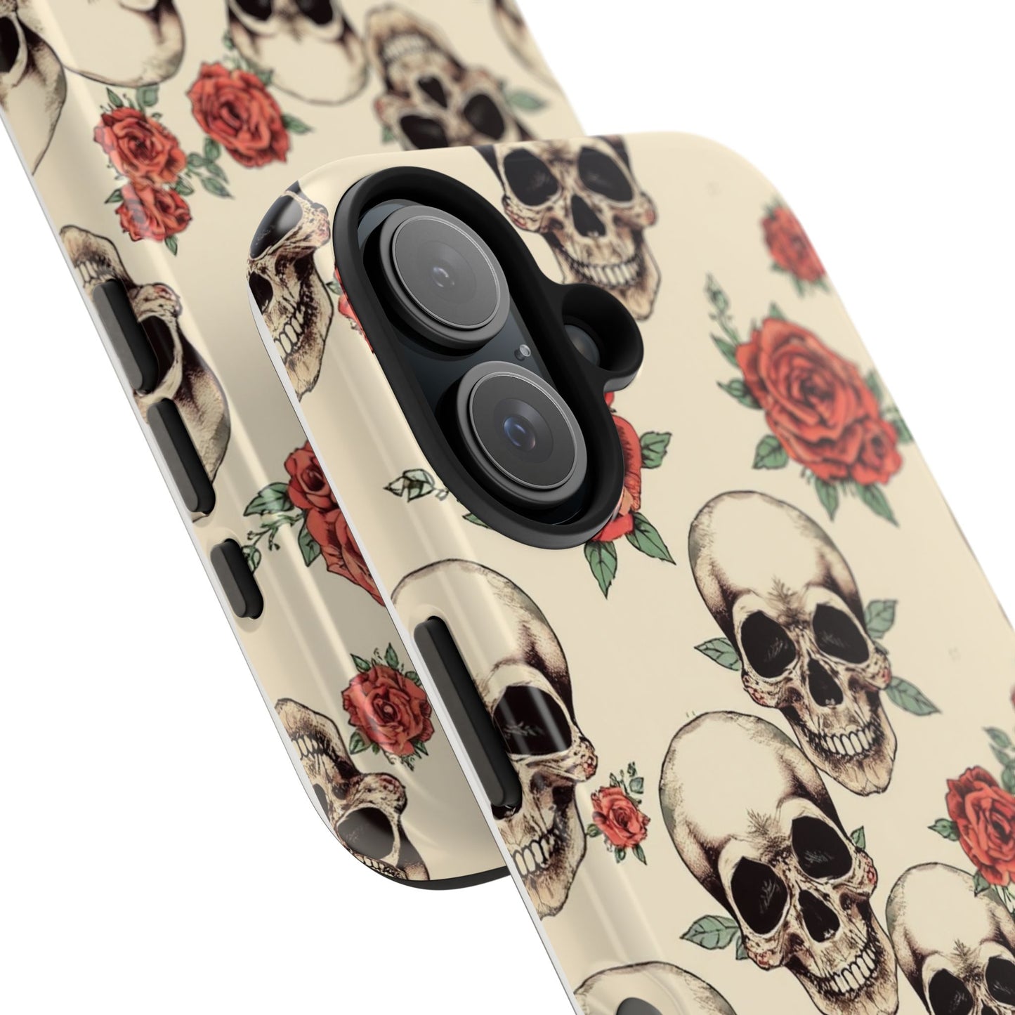 Tough Phone Case with Skull and Rose Design - Edgy Floral iPhone Protection