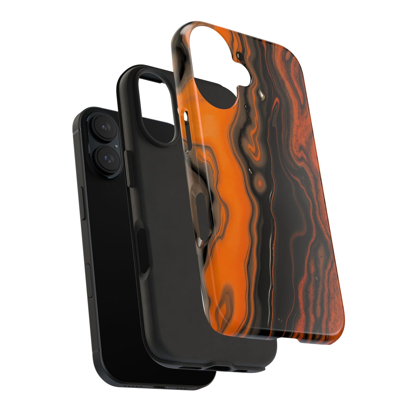 Stylish Tough Phone Case - Bold Black and Orange Metallic Lava Flow Design - for iPhone