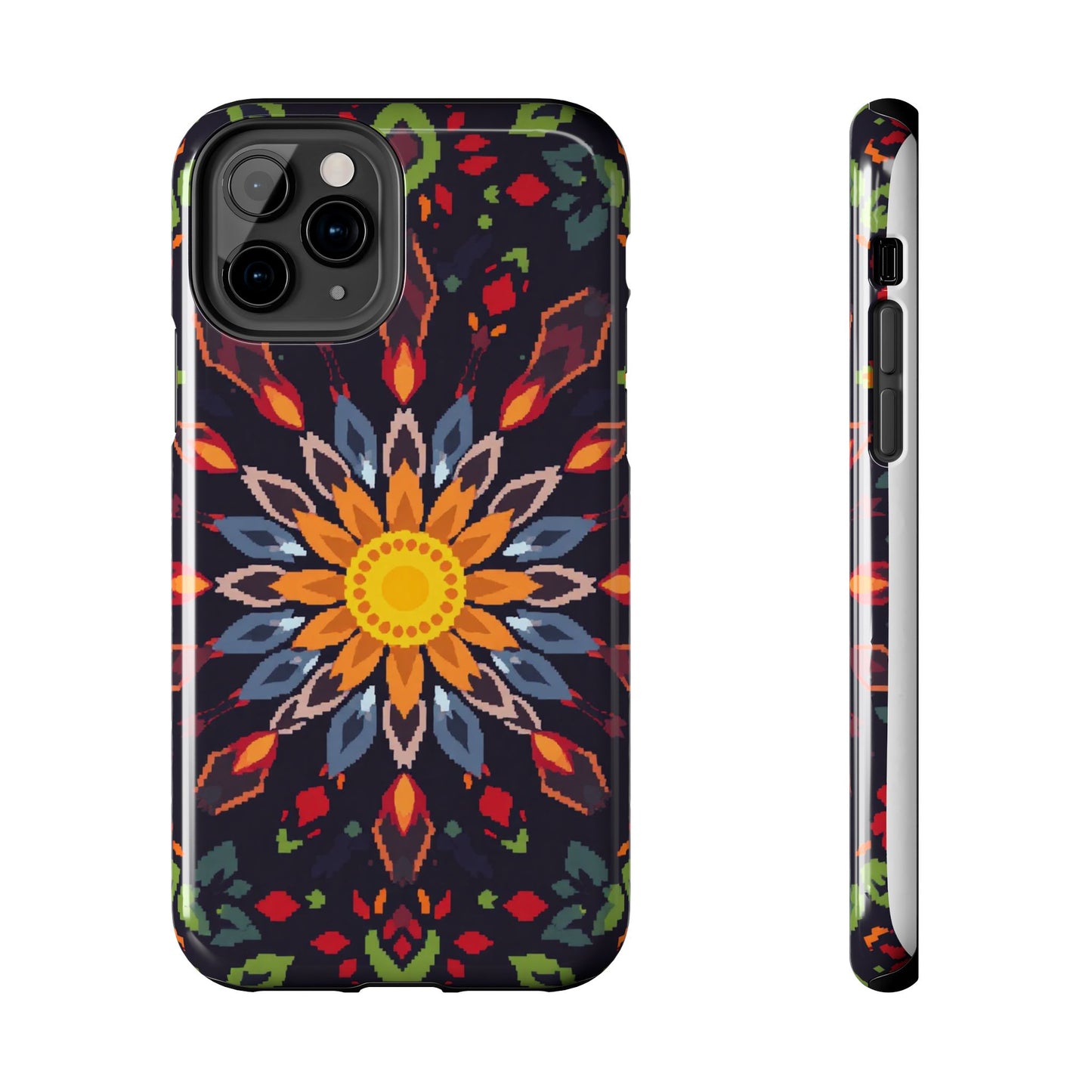 Pixel Art Floral Tough Phone Case - Pixelated Mandala Design for iPhone