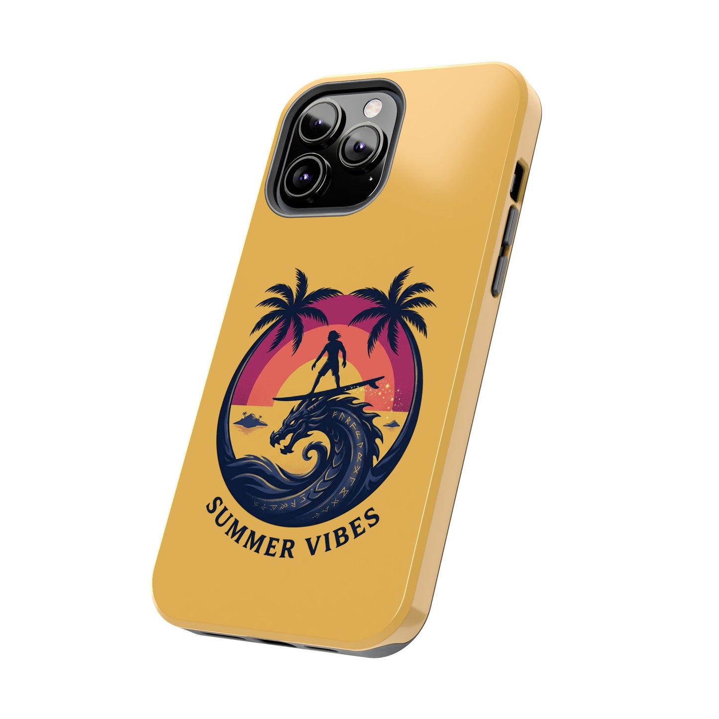 Surfing Dragon Phone Case — Silhouette Surfer with Palms & “Summer Vibes”