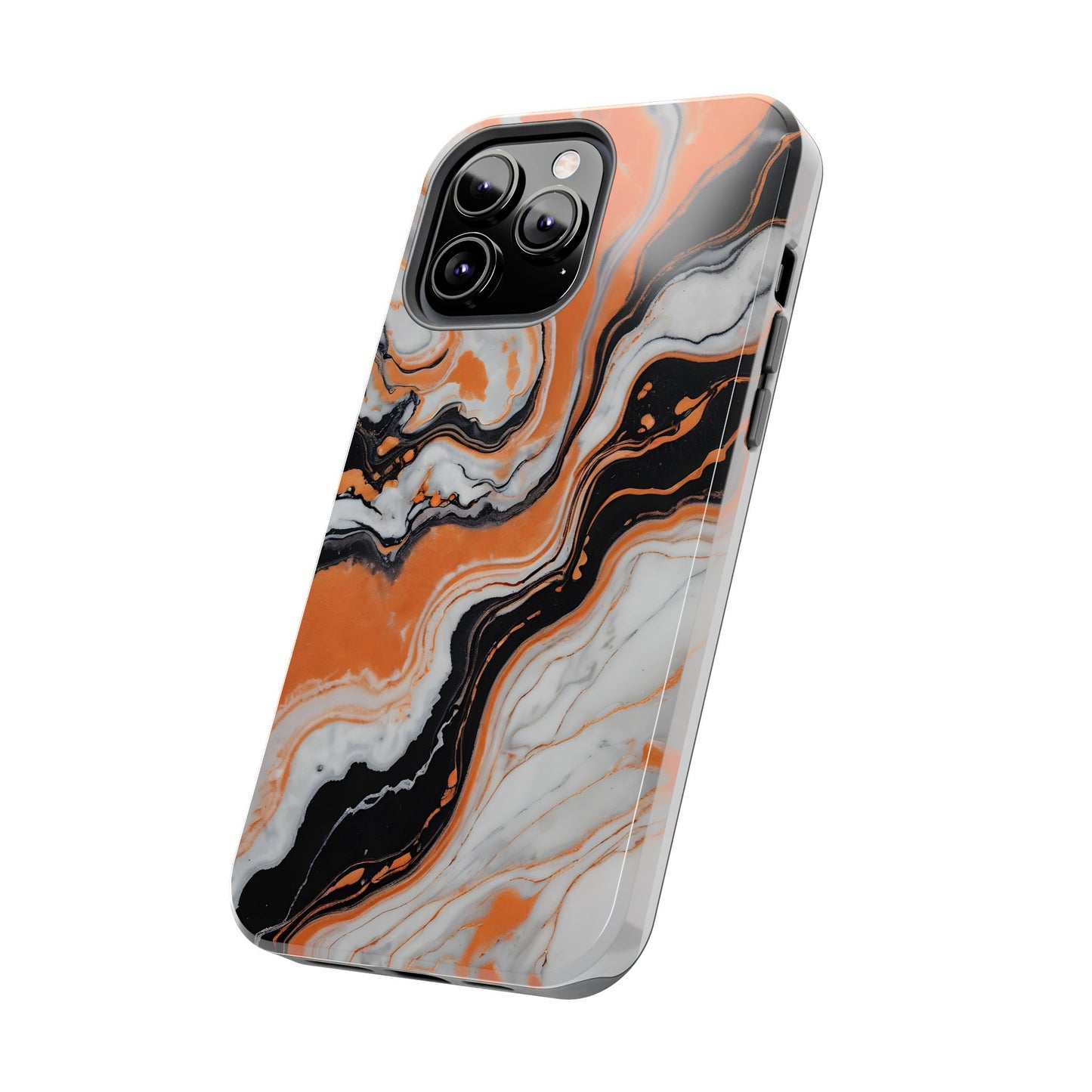 Stylish Tough Phone Case - Elegant Black, White & Orange Marble Design - for iPhone