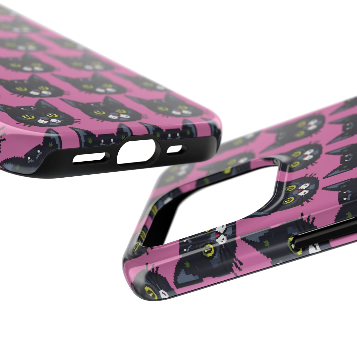 Playful Black Cat on Pink - Tough Phone Case - Pixel Cat Pattern - for iPhone
