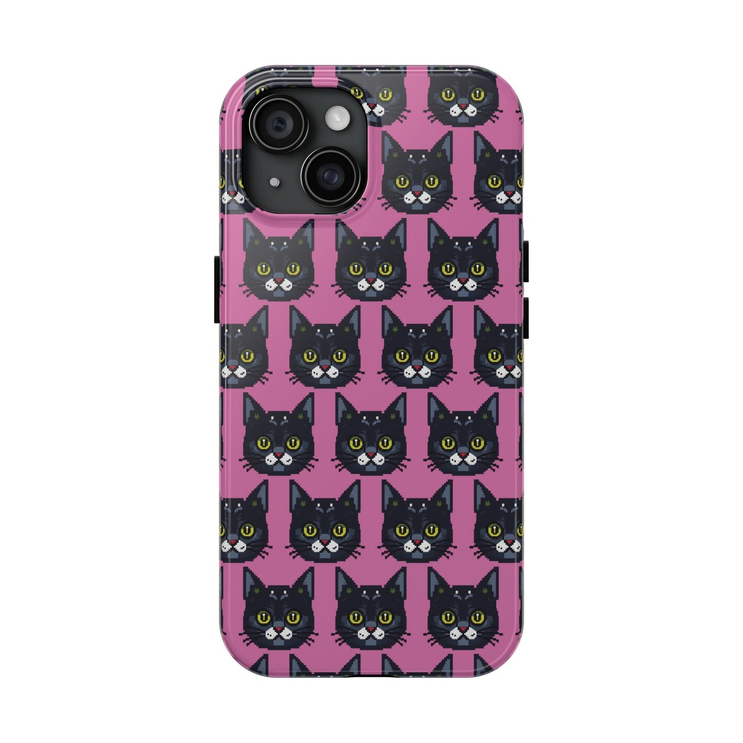 Playful Black Cat on Pink - Tough Phone Case - Pixel Cat Pattern - for iPhone