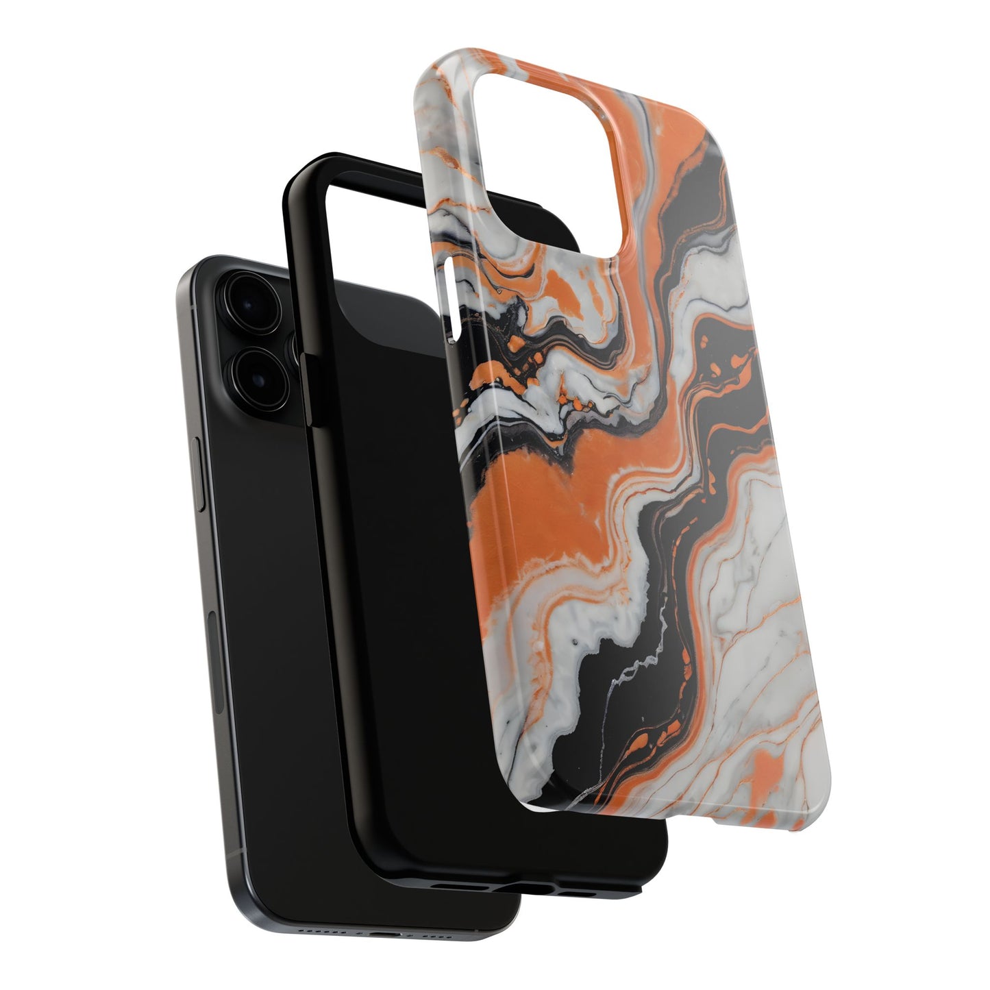 Stylish Tough Phone Case - Elegant Black, White & Orange Marble Design - for iPhone