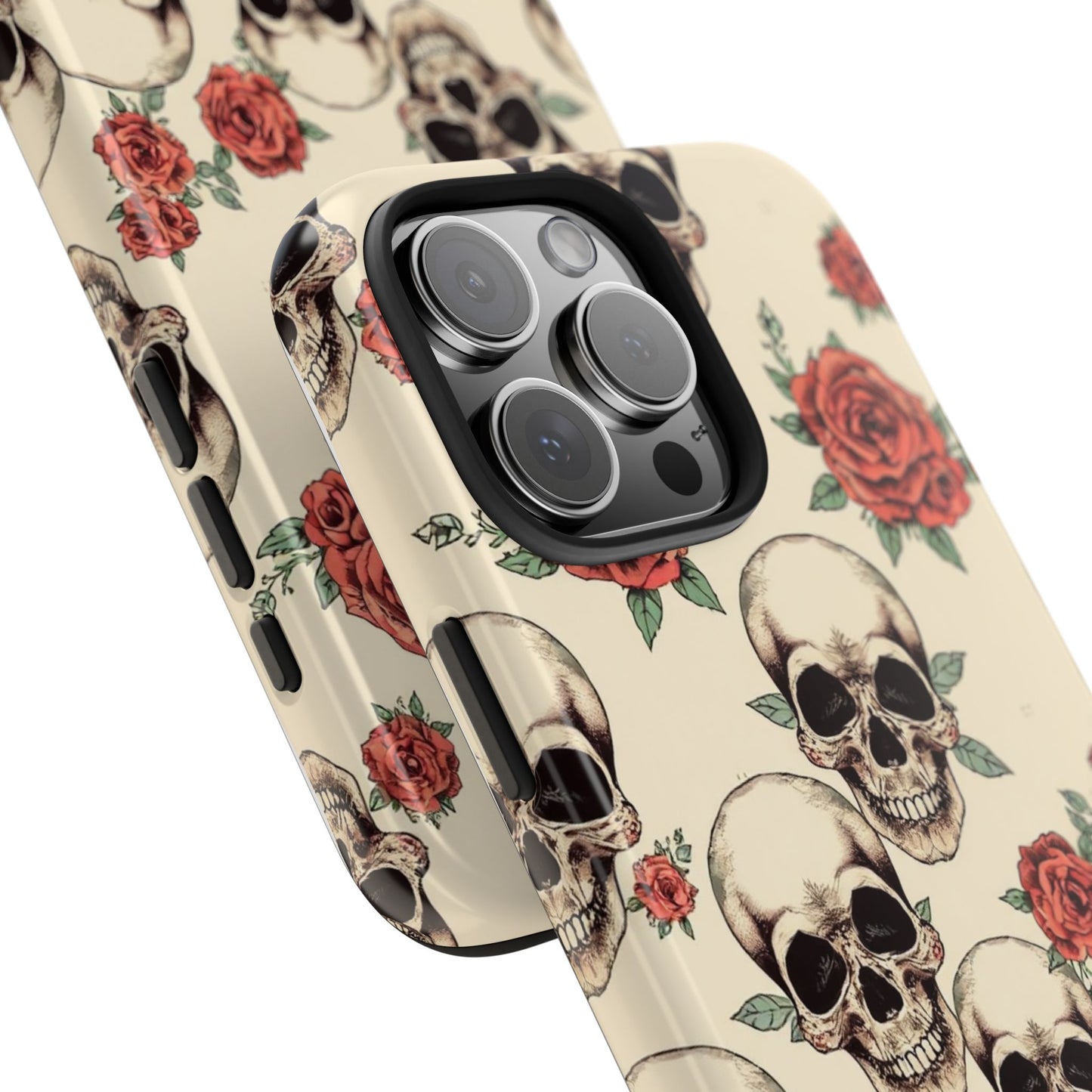Tough Phone Case with Skull and Rose Design - Edgy Floral iPhone Protection