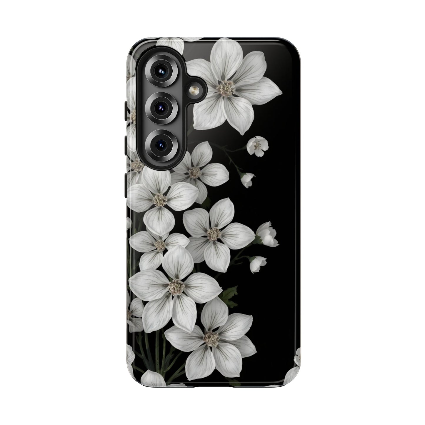 Floral Tough Phone Case - Pure Elegant White Petals on Black Background - for iPhone